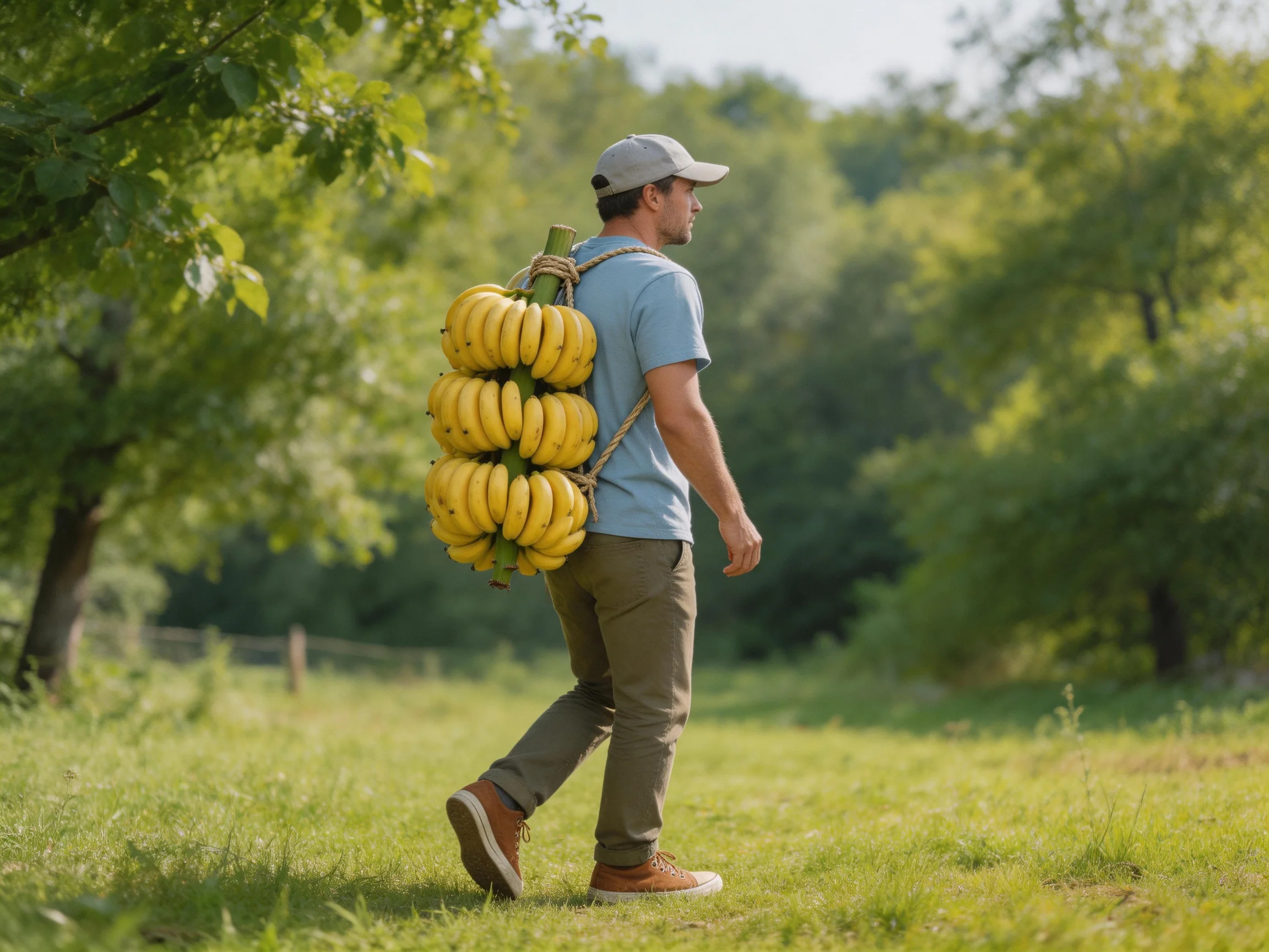 A man carries three bunches of yellow bananas through a green meadow