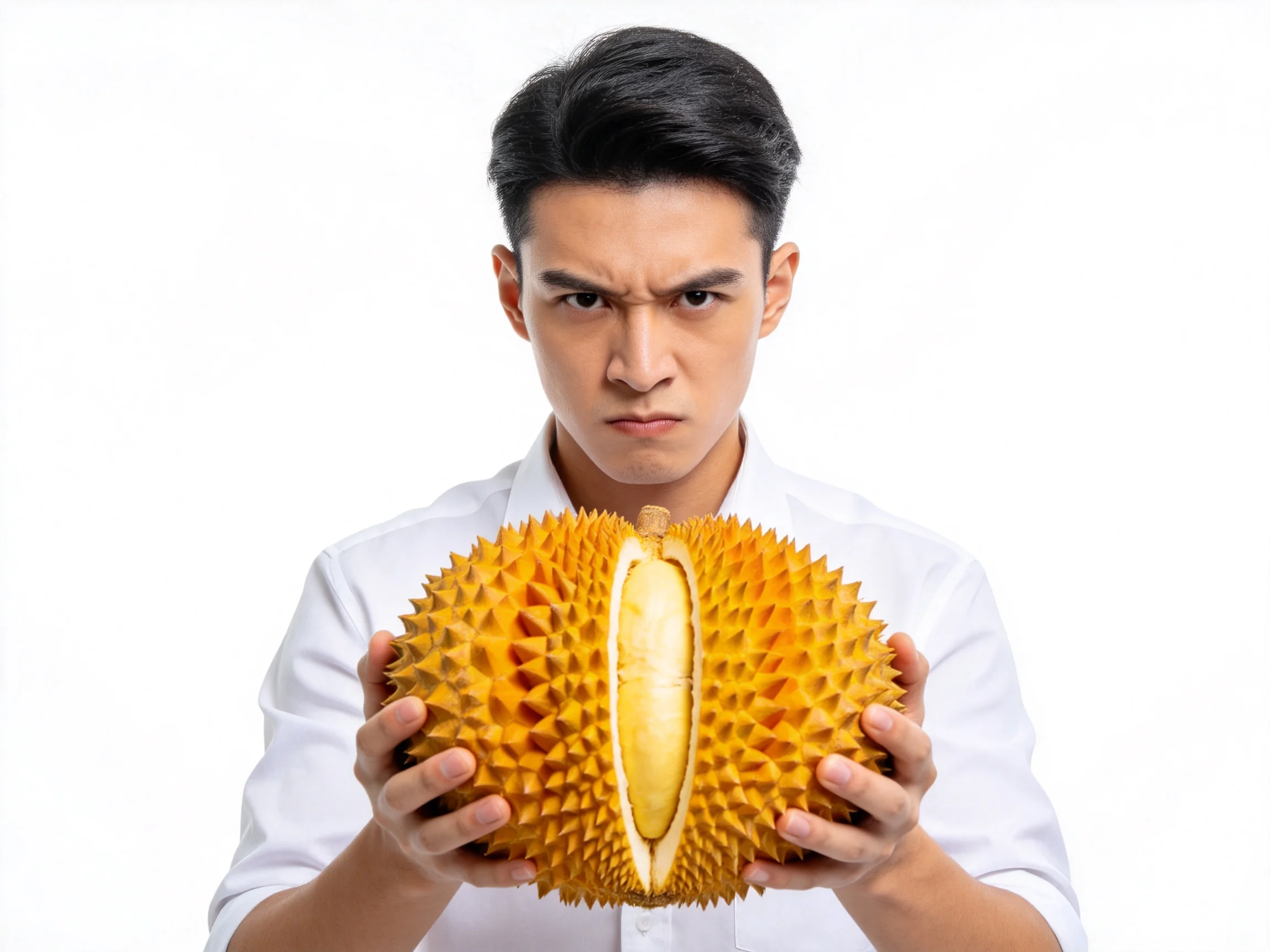 A man holding a large spiky yellow durian fruit split open