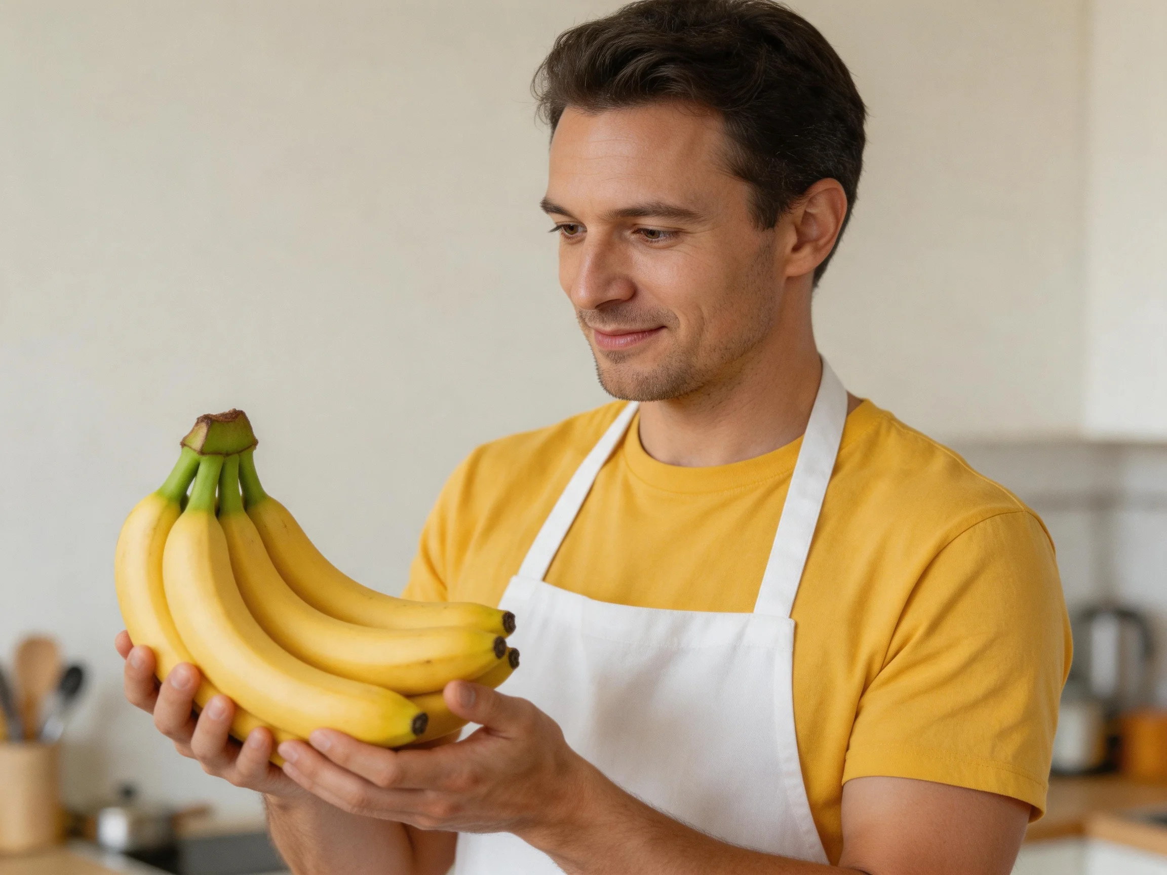 A man in a yellow shirt holds a bunch of ripe bananas
