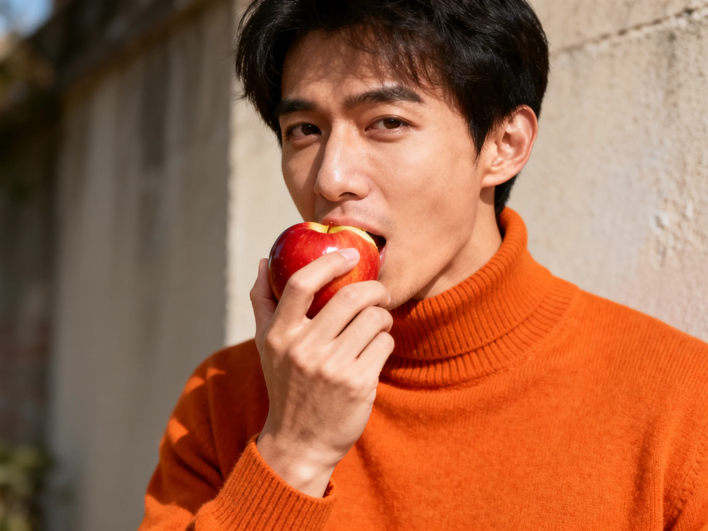 A man in an orange turtleneck sweater eats a red apple outdoors