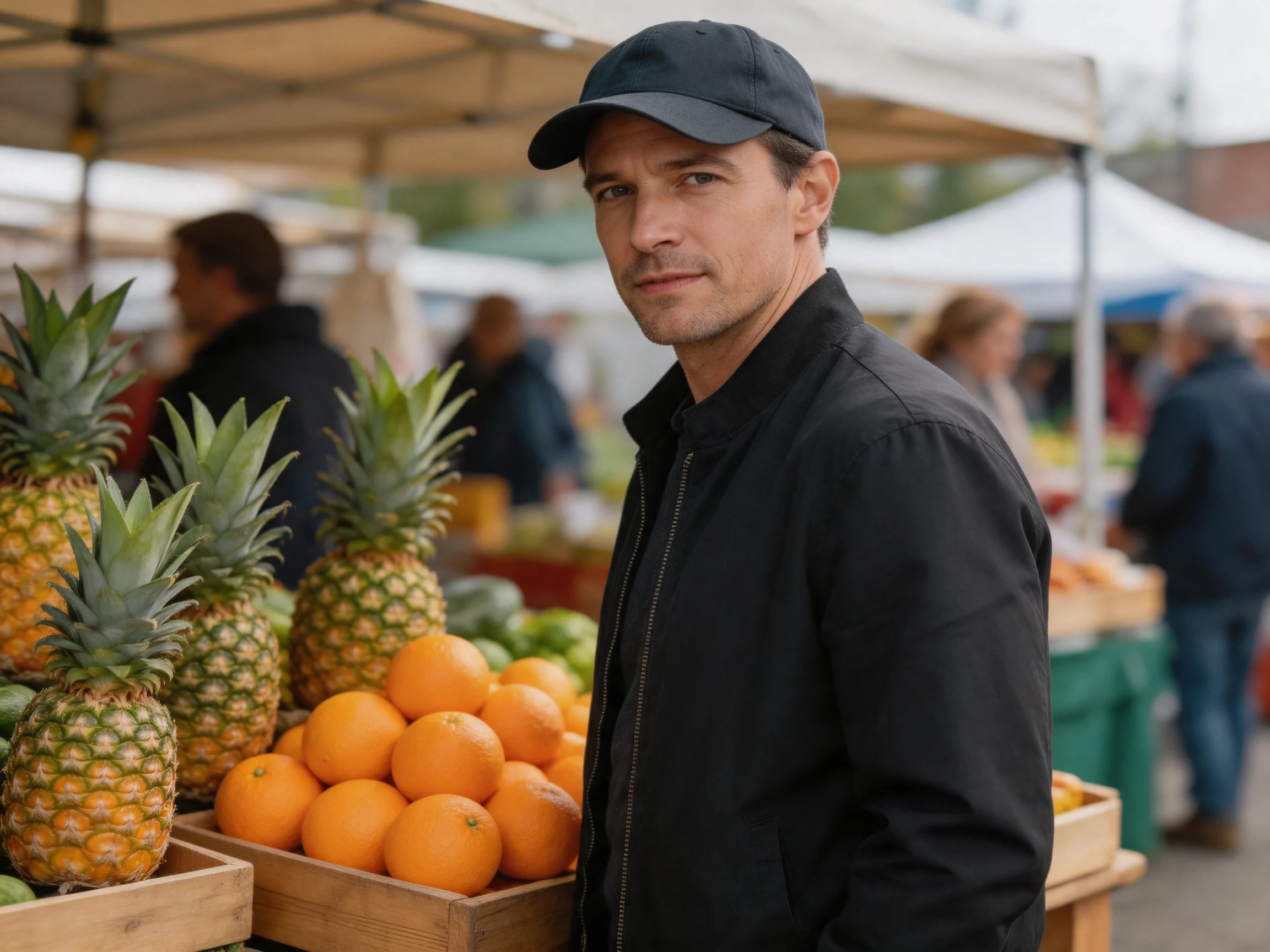 A man in black stands near vibrant pineapples and oranges at an outdoor market.