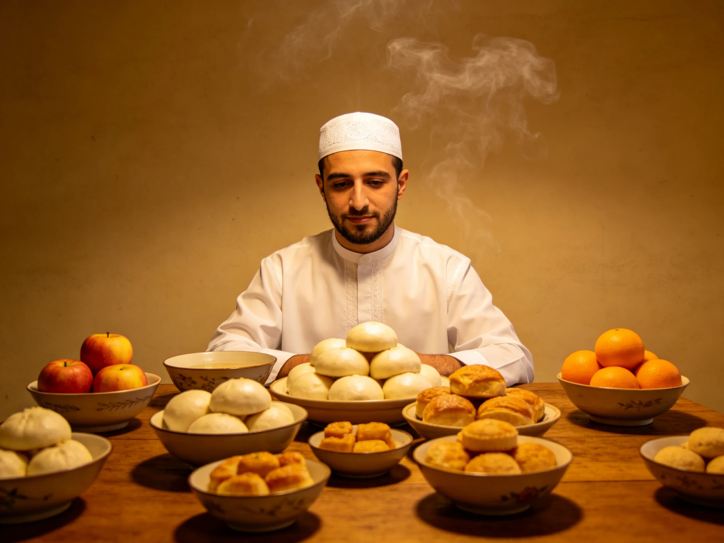 A man in white surrounded by bowls of steaming buns, apples, and oranges