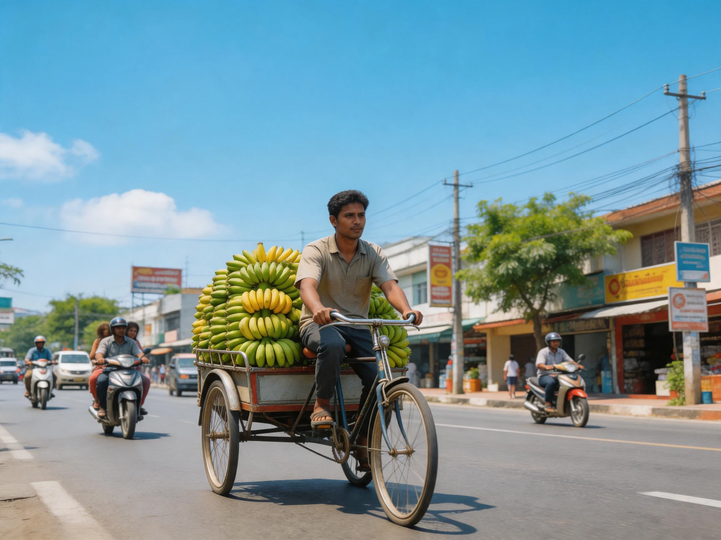 A man rides a tricycle loaded with large bunches of green and yellow bananas down a busy street.