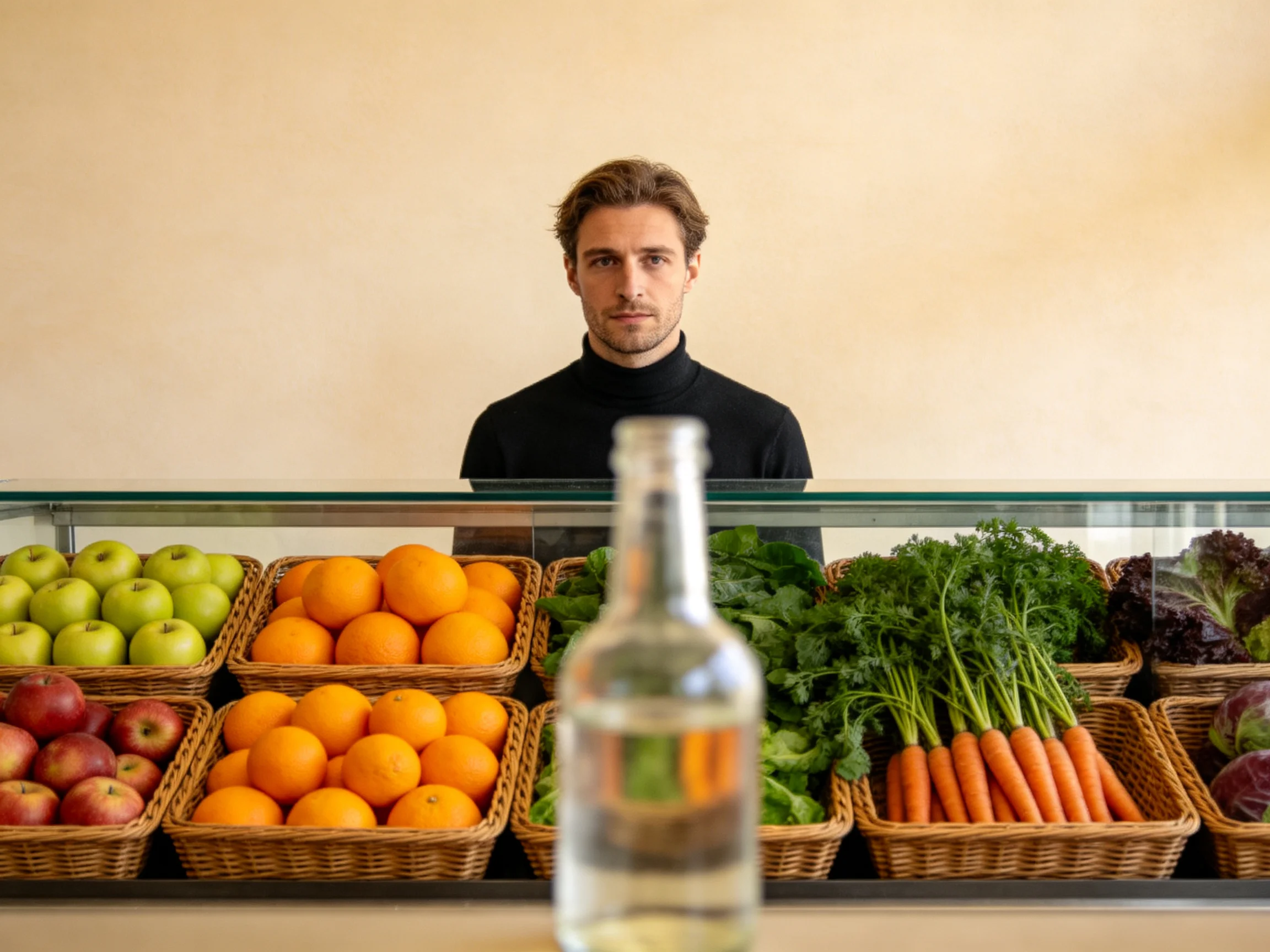 A man stands behind baskets of green apples, orange citrus, and carrot bundles