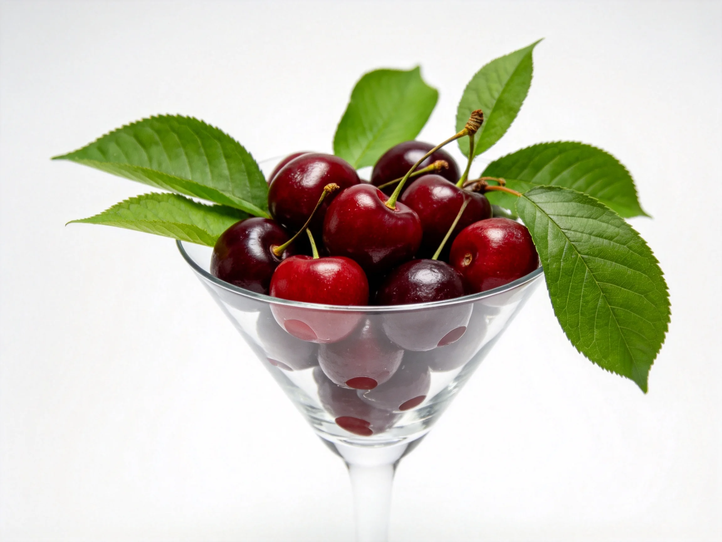 A martini glass filled with glossy cherries and fresh green leaves