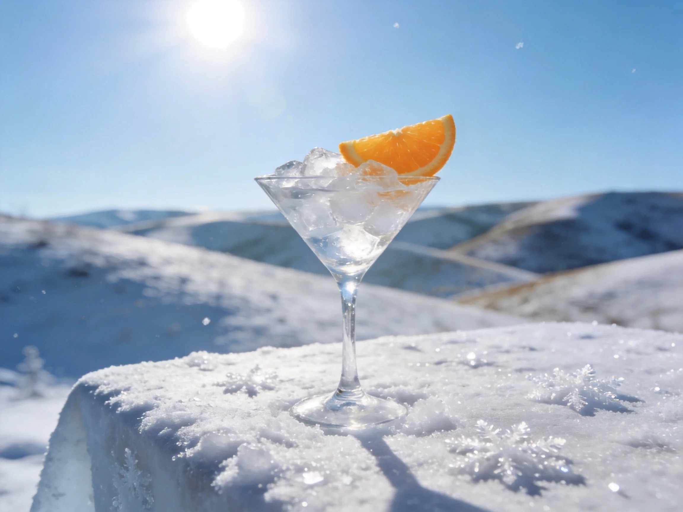 A martini glass with an orange slice sits on a snow-covered ledge near snowy mountains