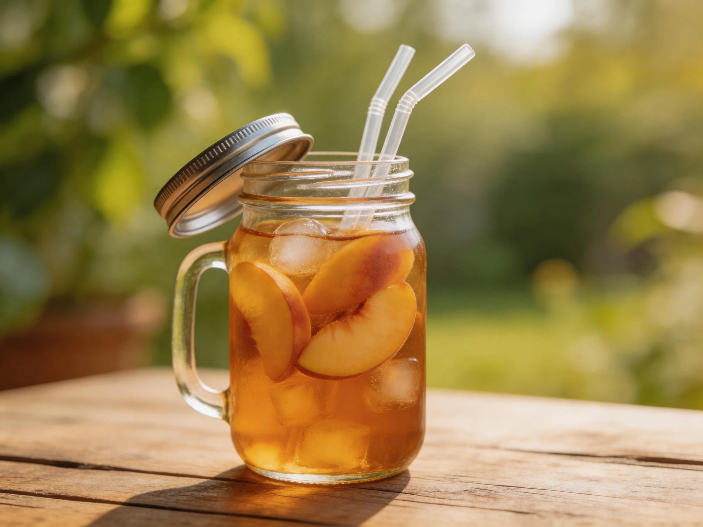 A mason jar filled with peach iced tea, two straws, on a wooden table
