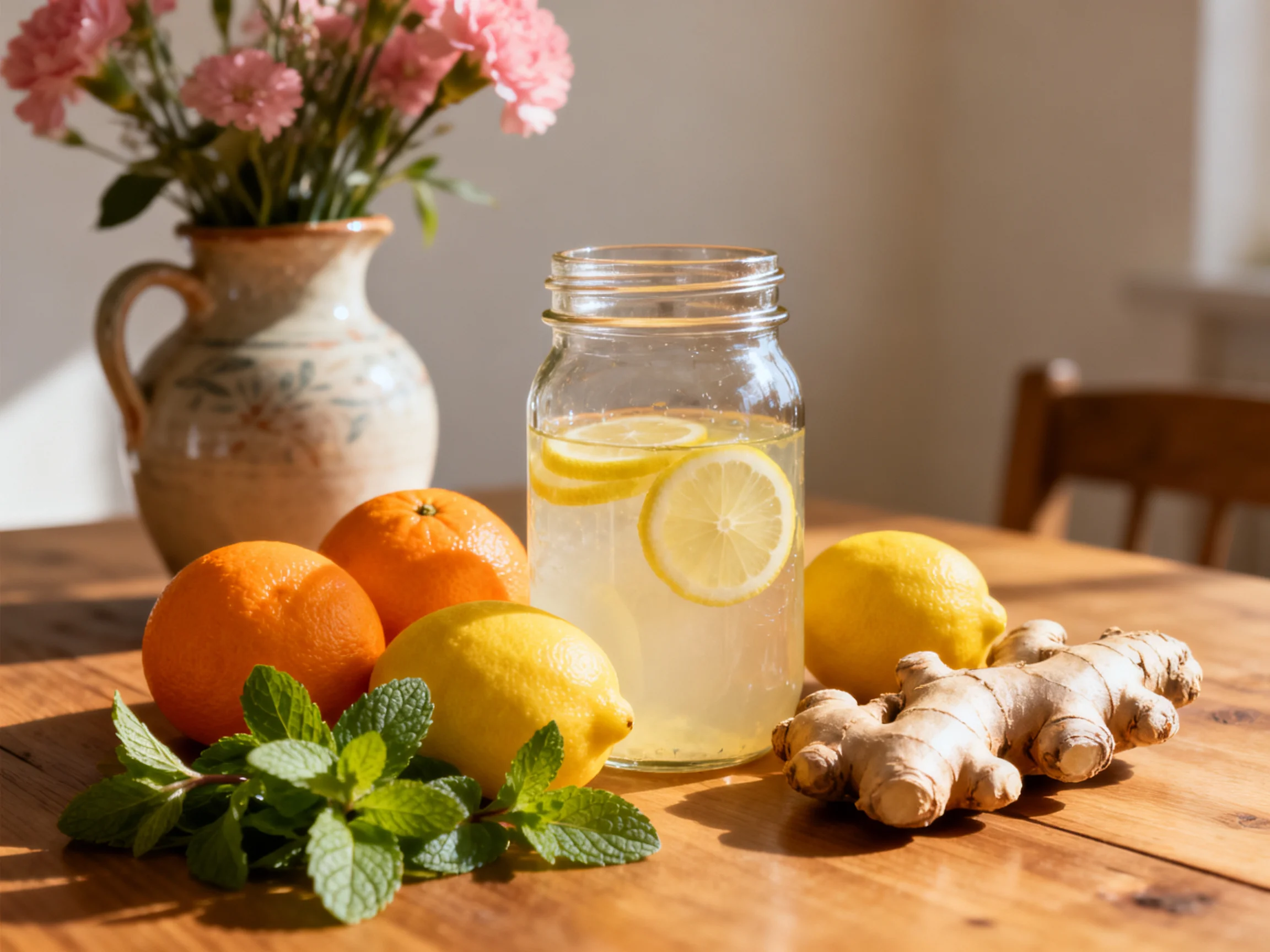 A mason jar of lemonade with oranges, lemons, ginger, and flowers