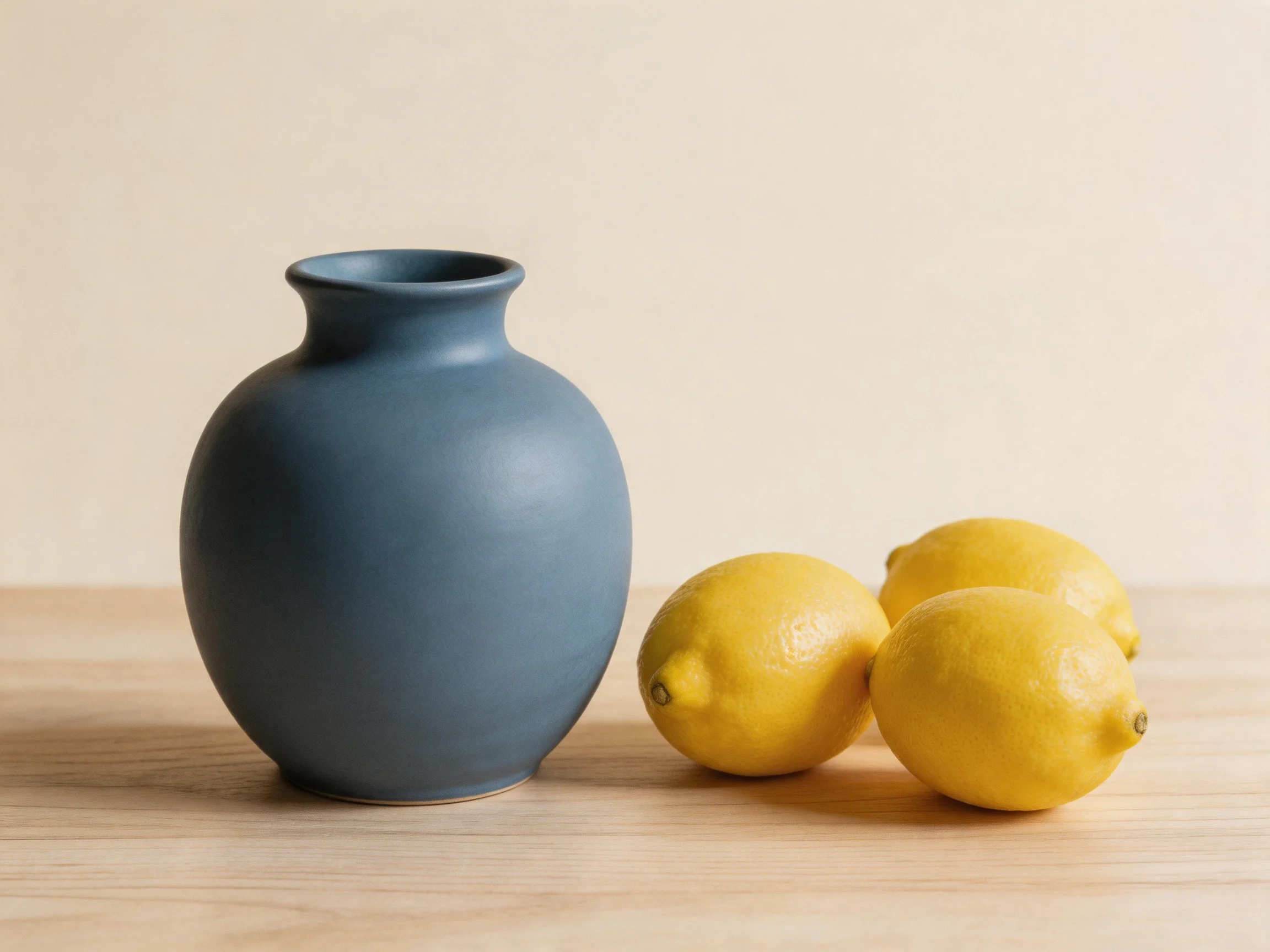 A matte blue ceramic vase beside three bright yellow lemons on a wooden surface
