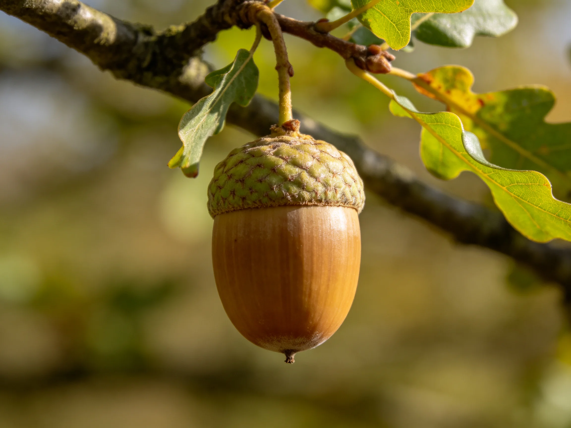 A mature brown acorn hangs from a tree branch with green leaves