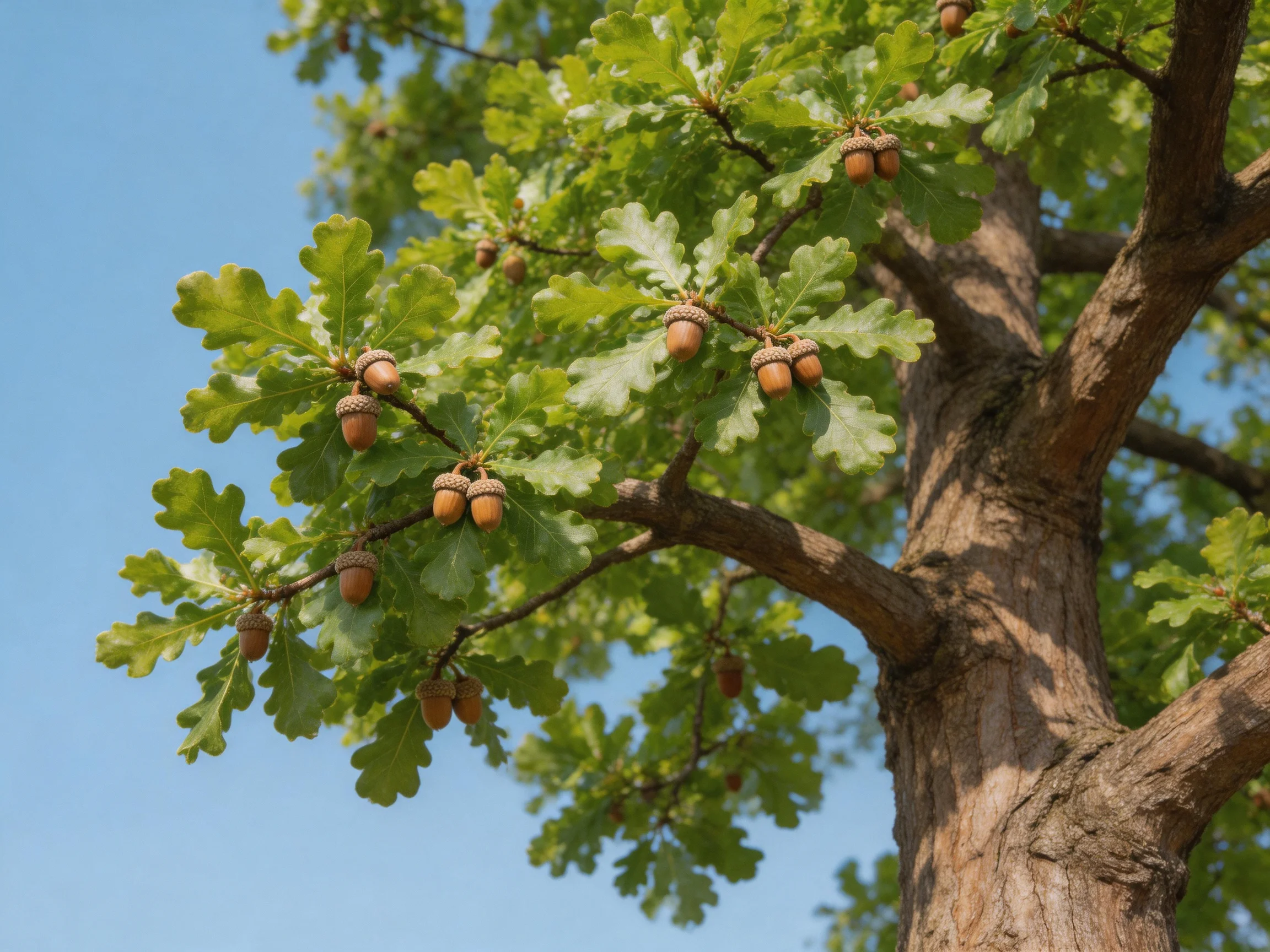 A mature oak tree with lush green foliage and numerous brown acorns