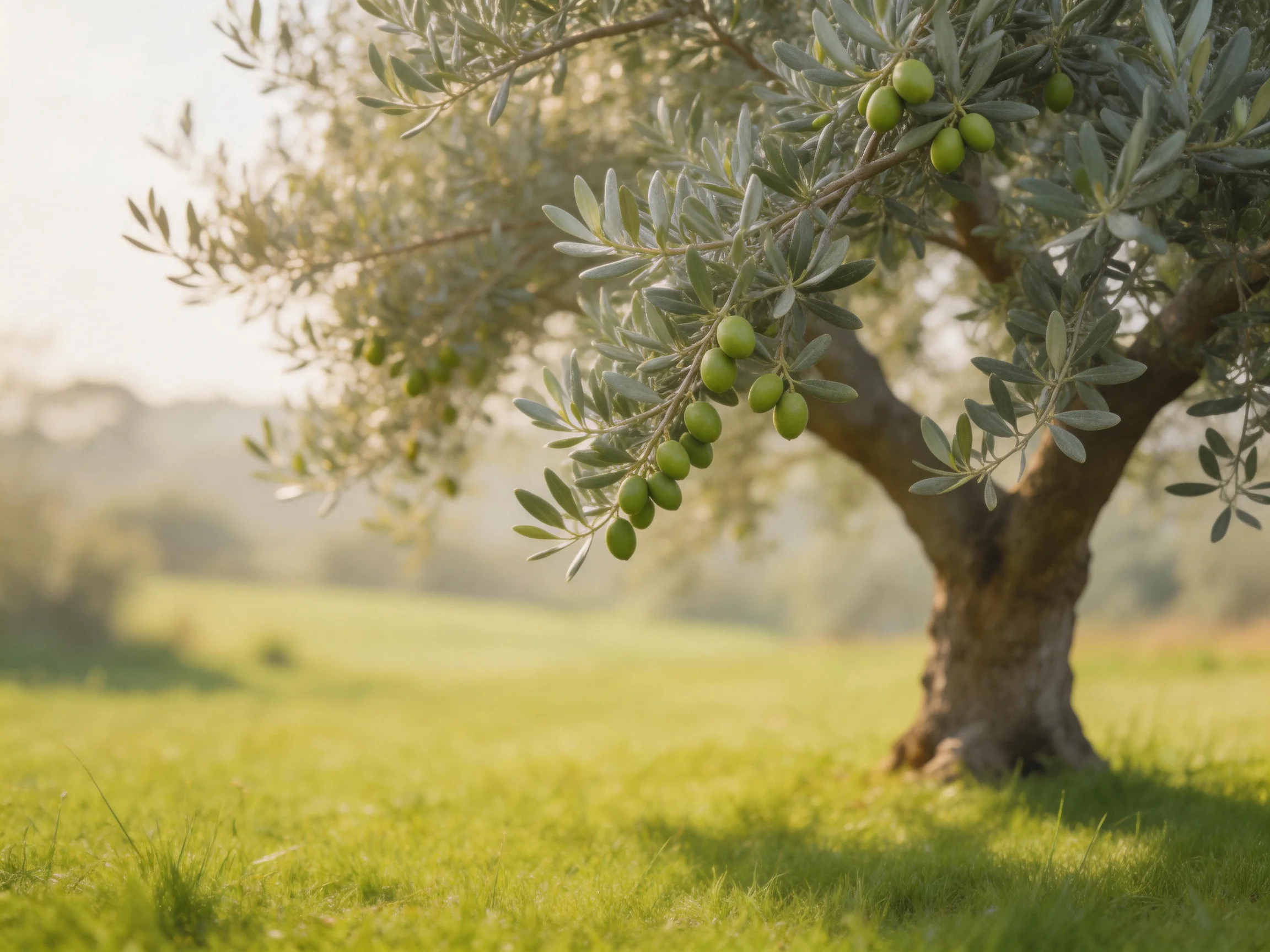 A mature olive tree bears green olives in a sunlit meadow