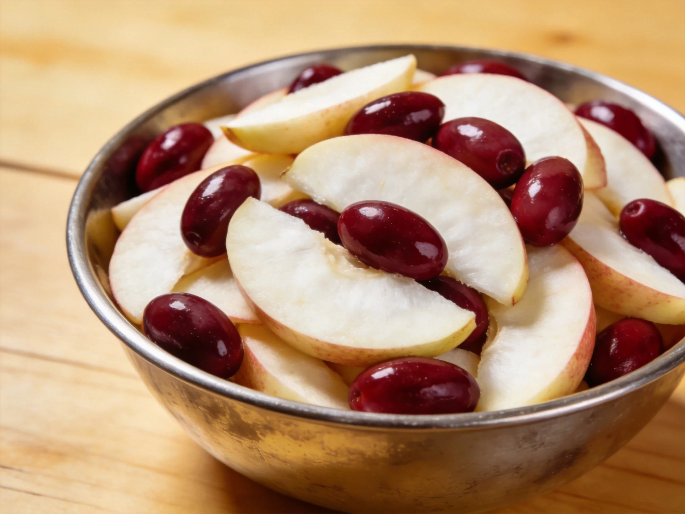 A metal bowl filled with sliced apples and dark red grapes
