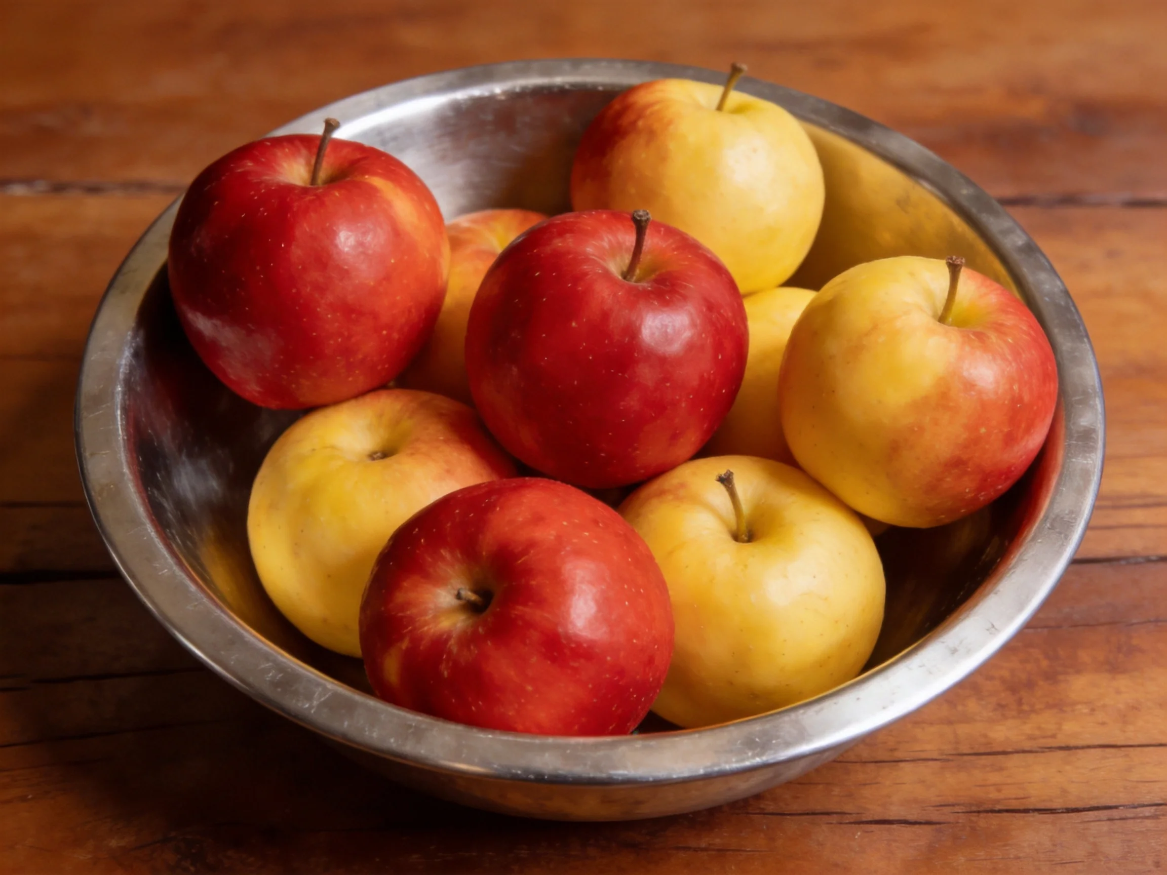 A metal bowl holds red and golden apples on a wooden table