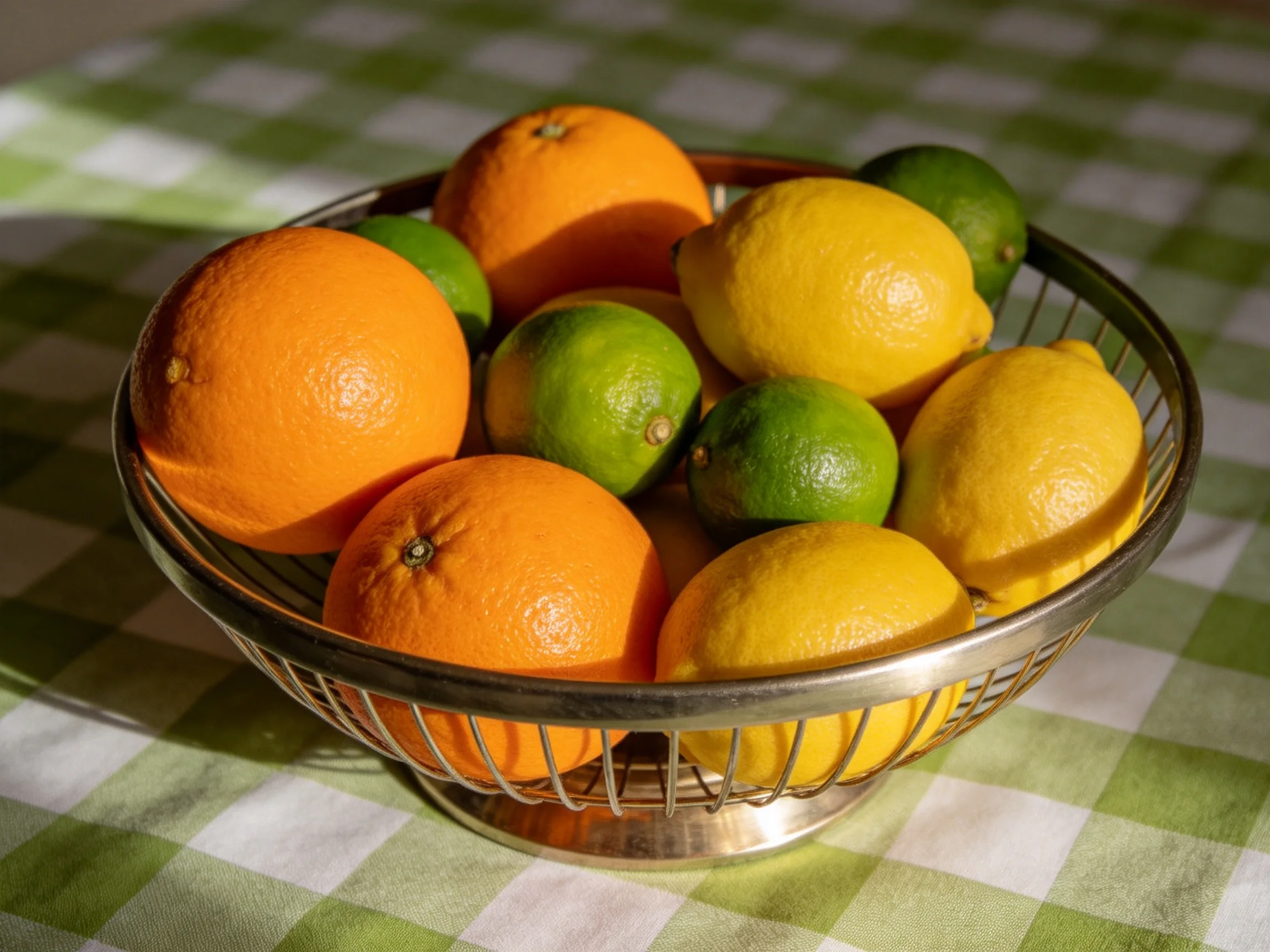 A metal bowl holds vibrant oranges, lemons, and limes on a checkered cloth.