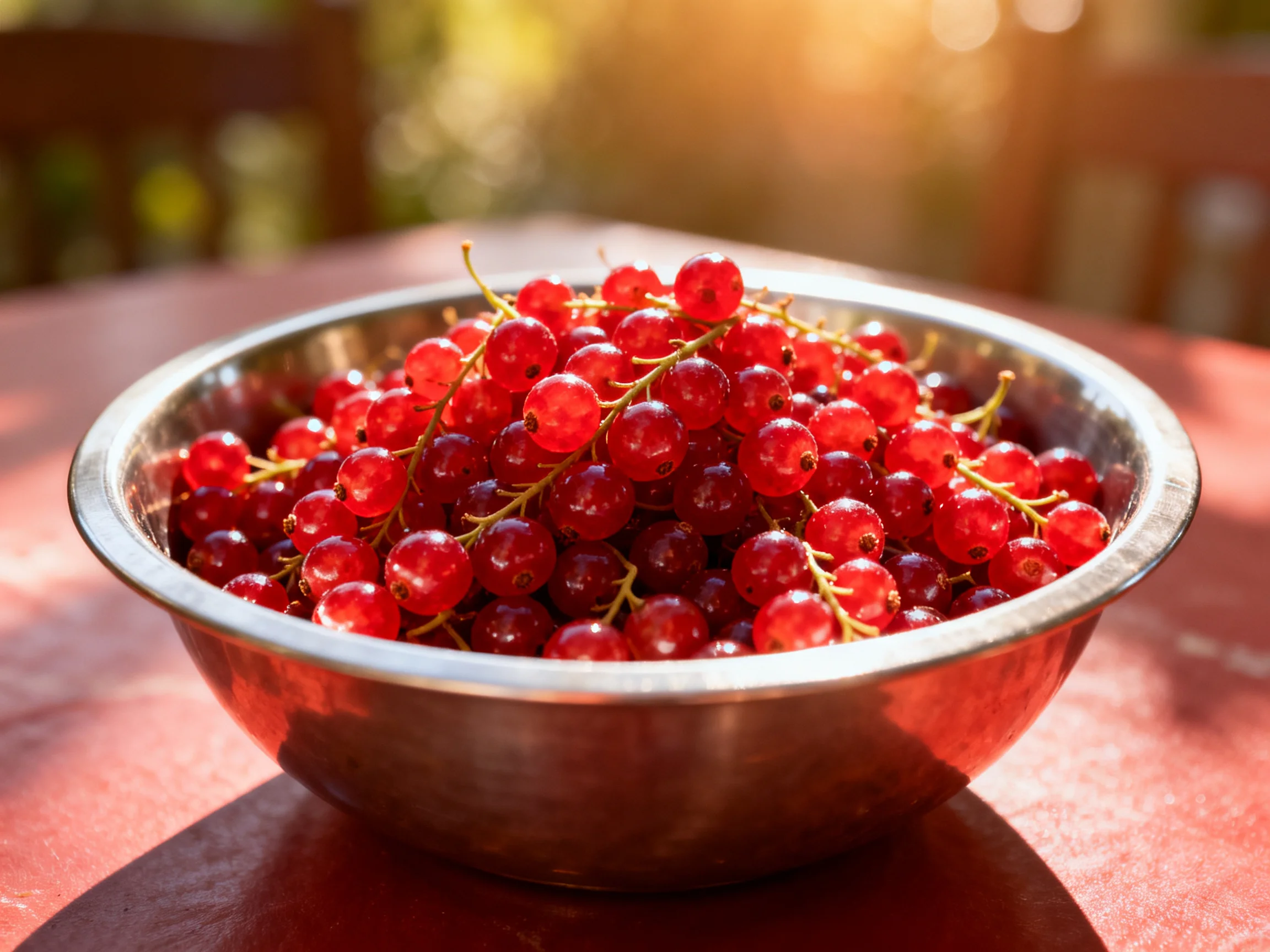 A metal bowl overflowing with bright red currants on a sunlit table