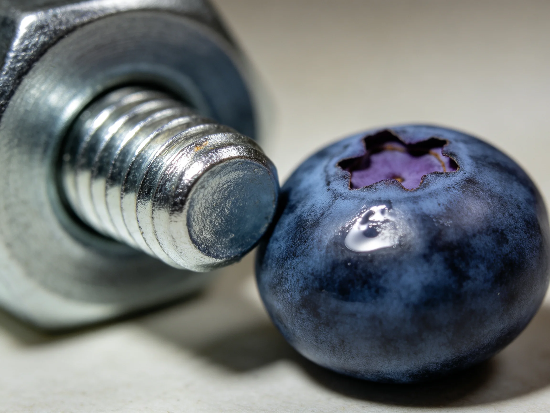 A metallic bolt beside a single blueberry