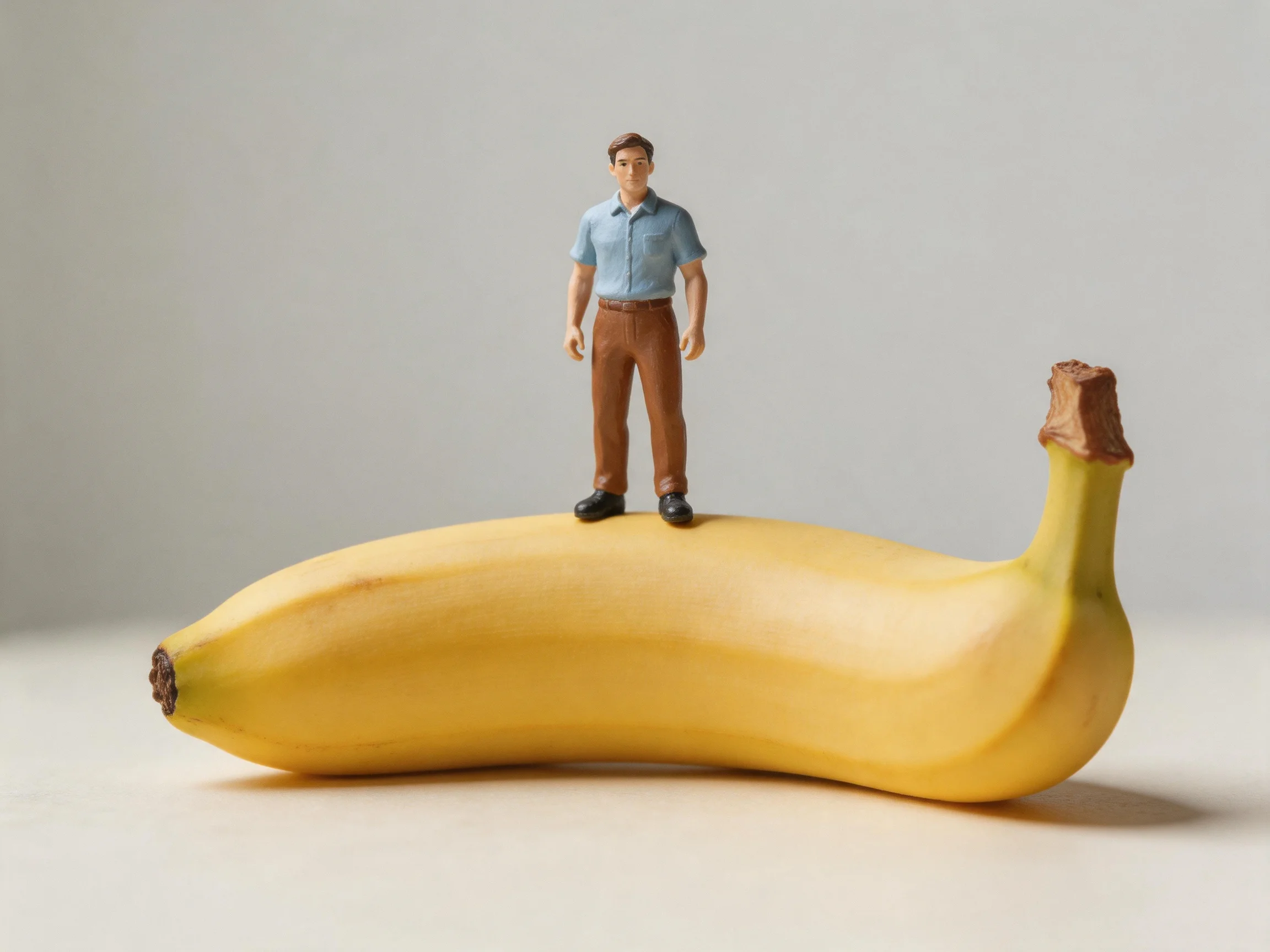 A miniature man in a blue shirt and brown pants stands on a large yellow banana with brown tips