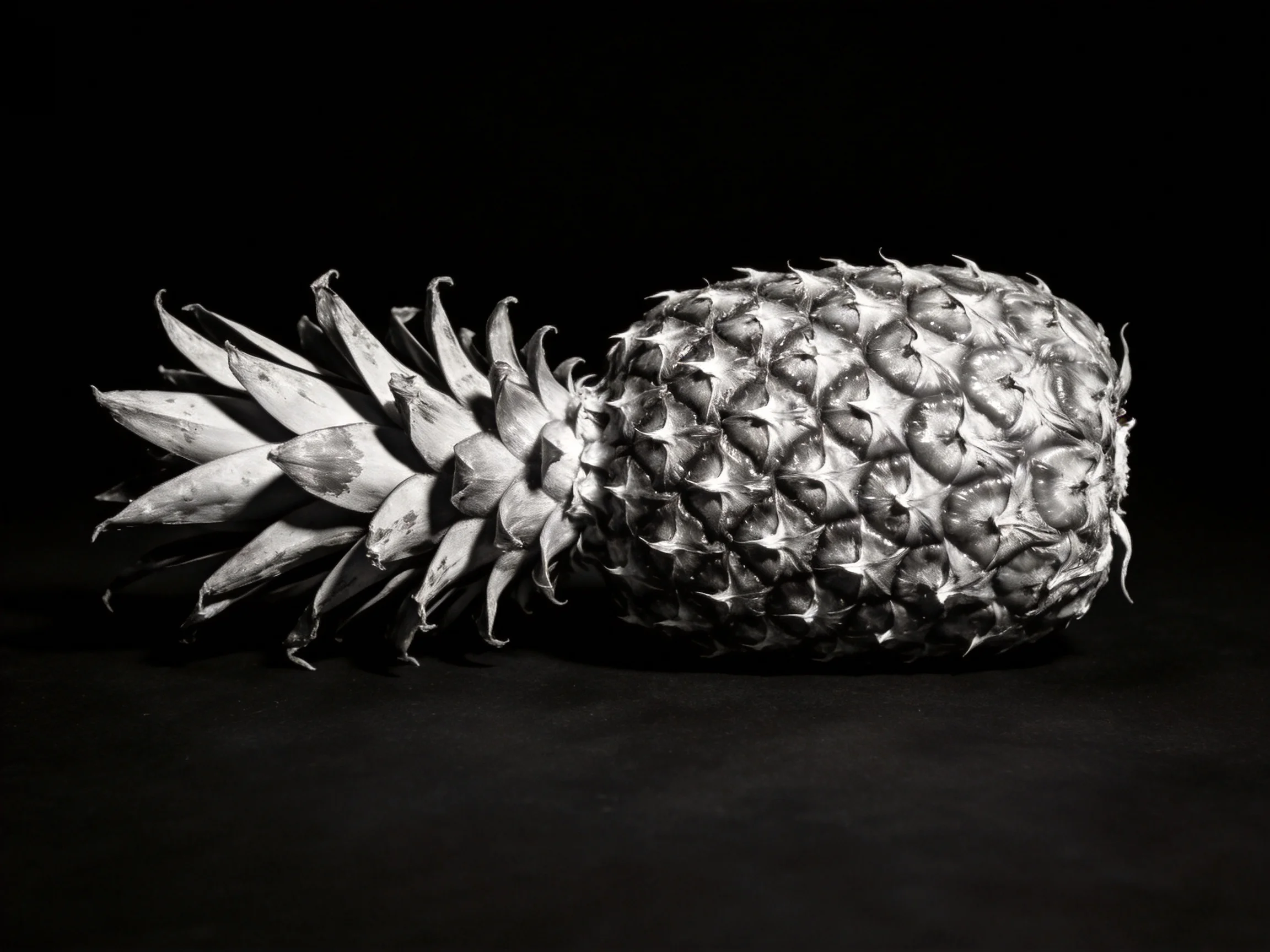 A monochromatic photograph of a textured pineapple on a dark surface