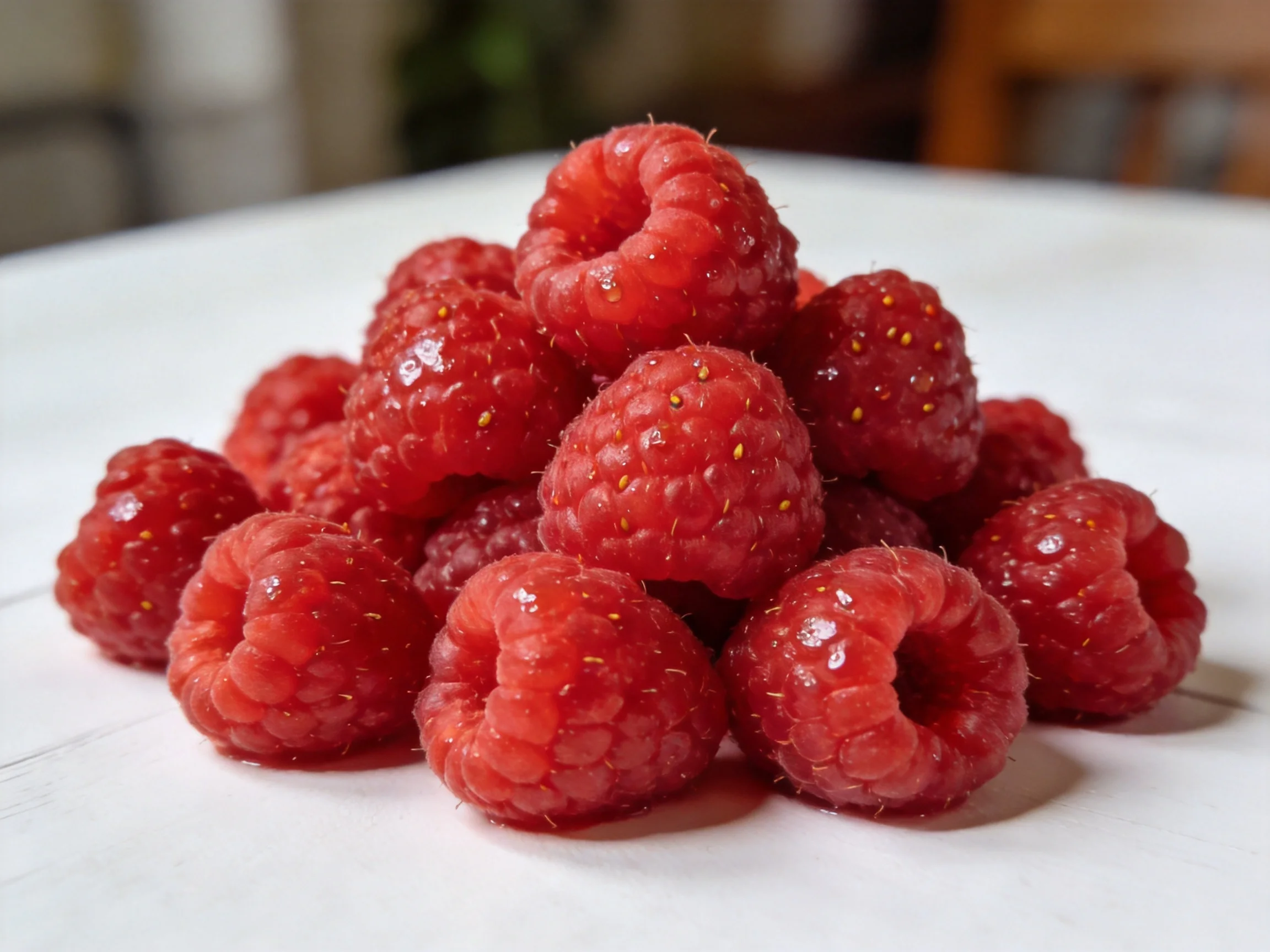 A mound of plump, bright red raspberries on a white surface