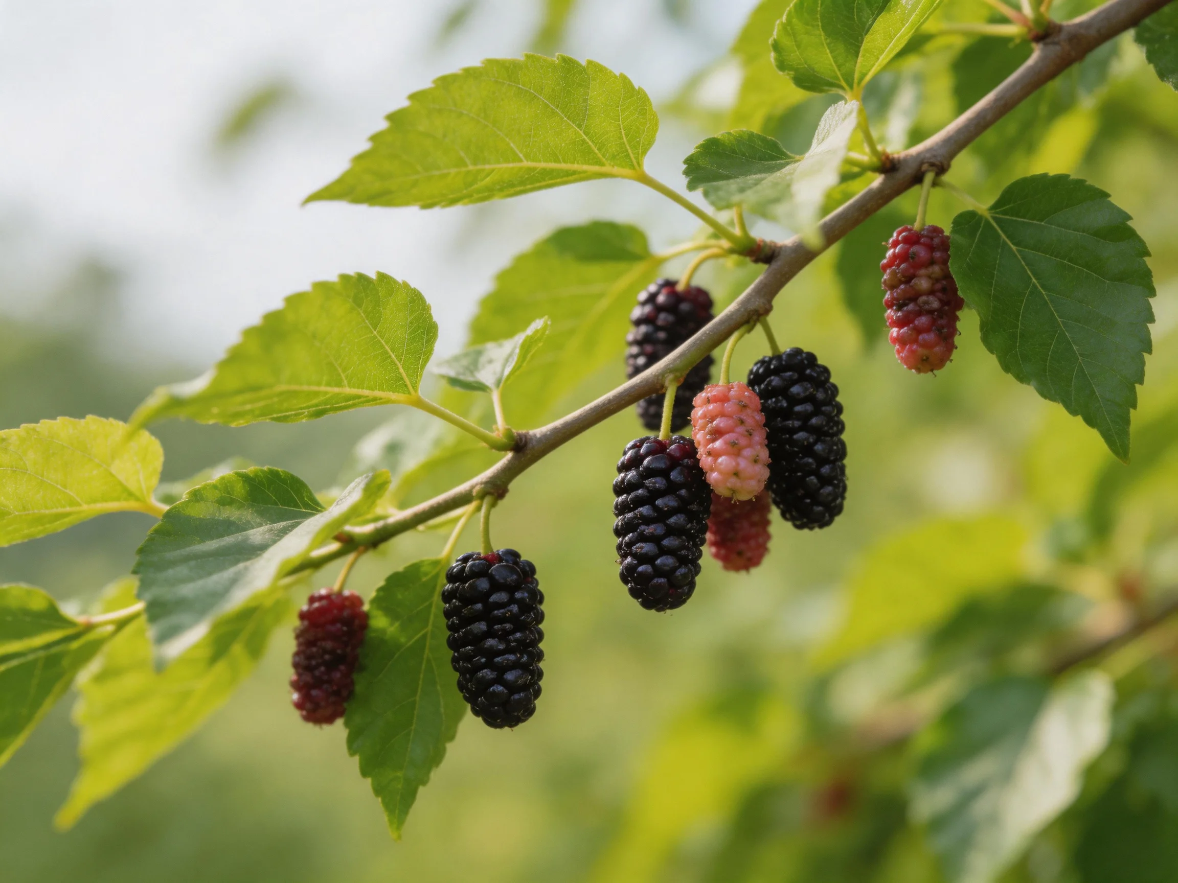 A mulberry branch bearing black, pink, and red berries