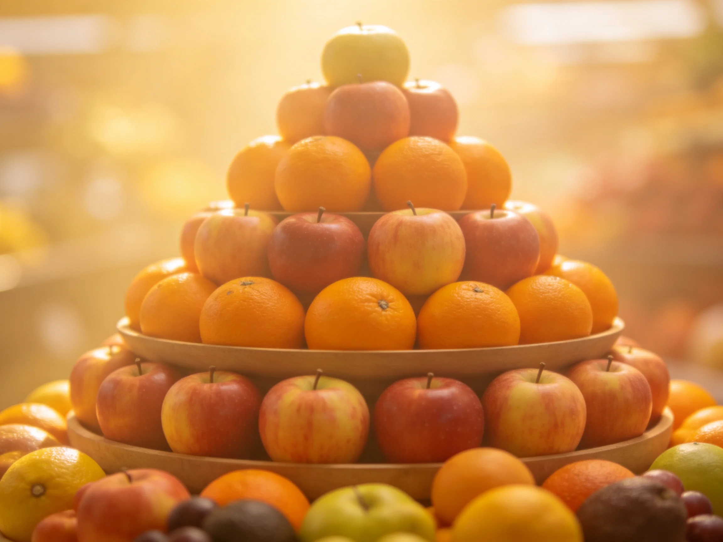 A multi-tiered fruit display with apples and oranges in warm lighting