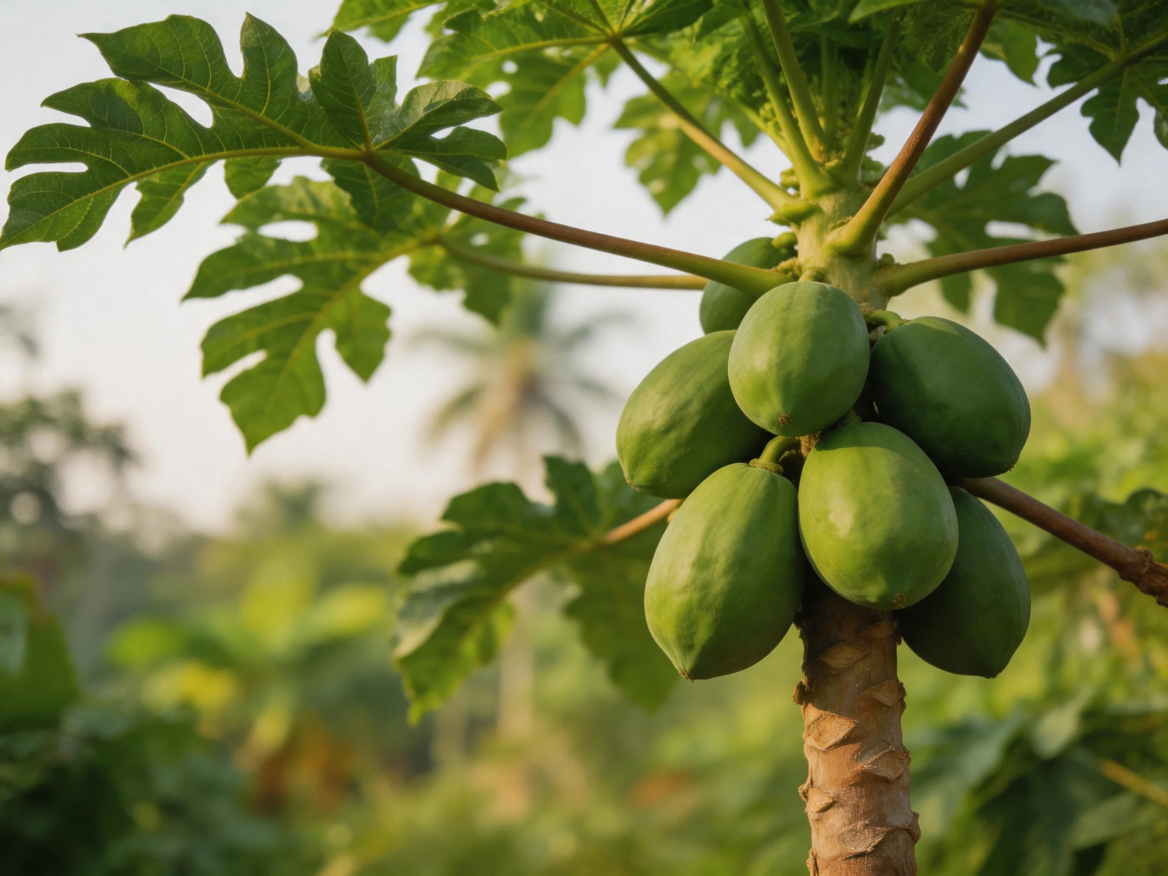 A papaya tree with multiple green fruits and broad leaves