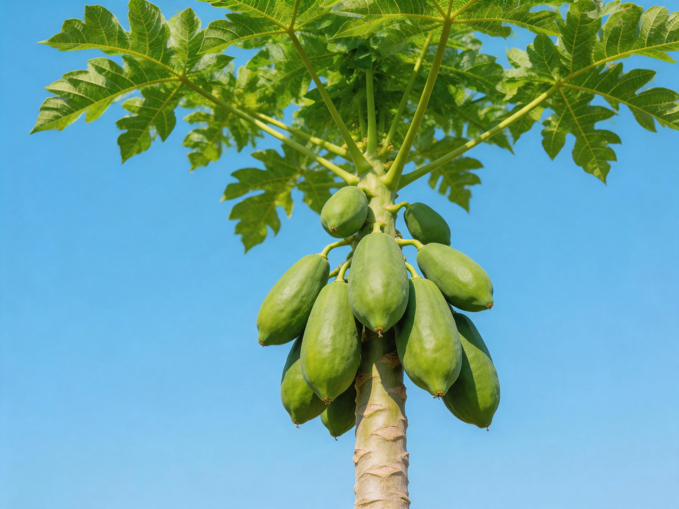 A papaya tree with multiple green fruits under a clear blue sky