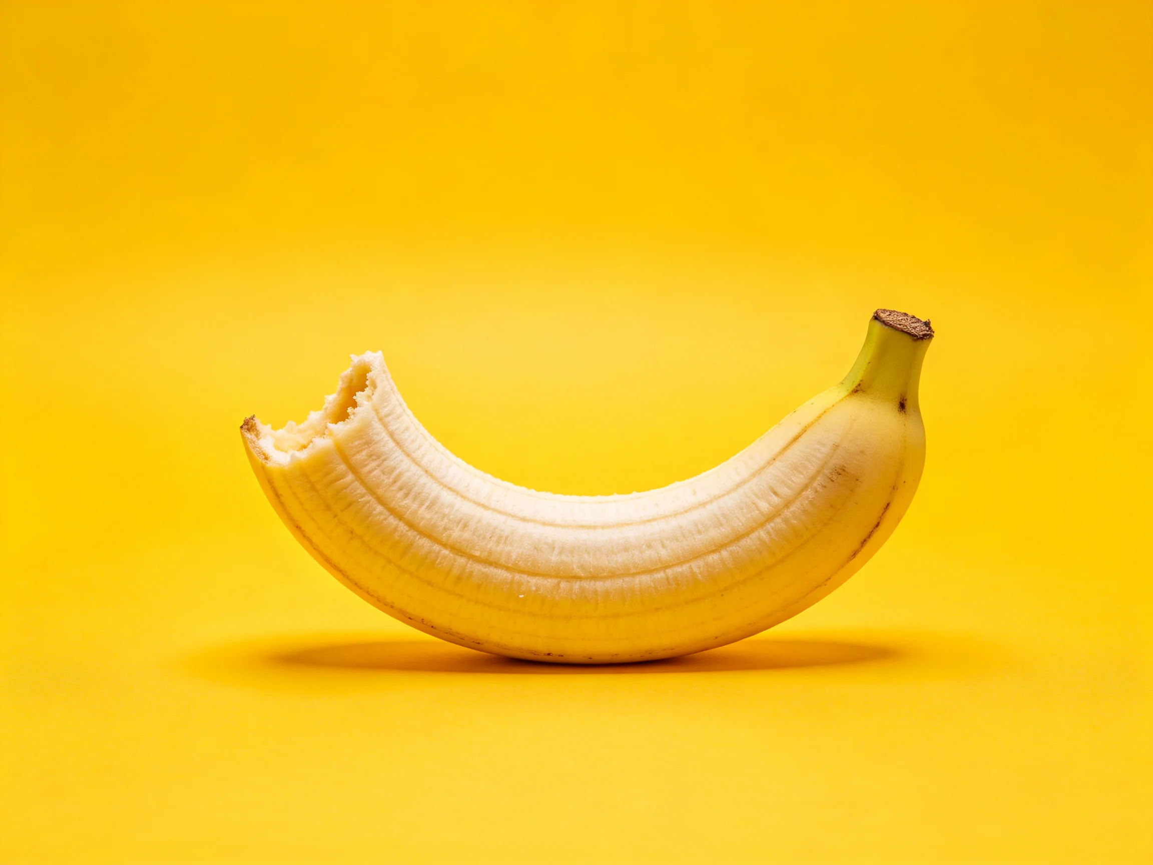 A partially eaten banana on a solid yellow backdrop