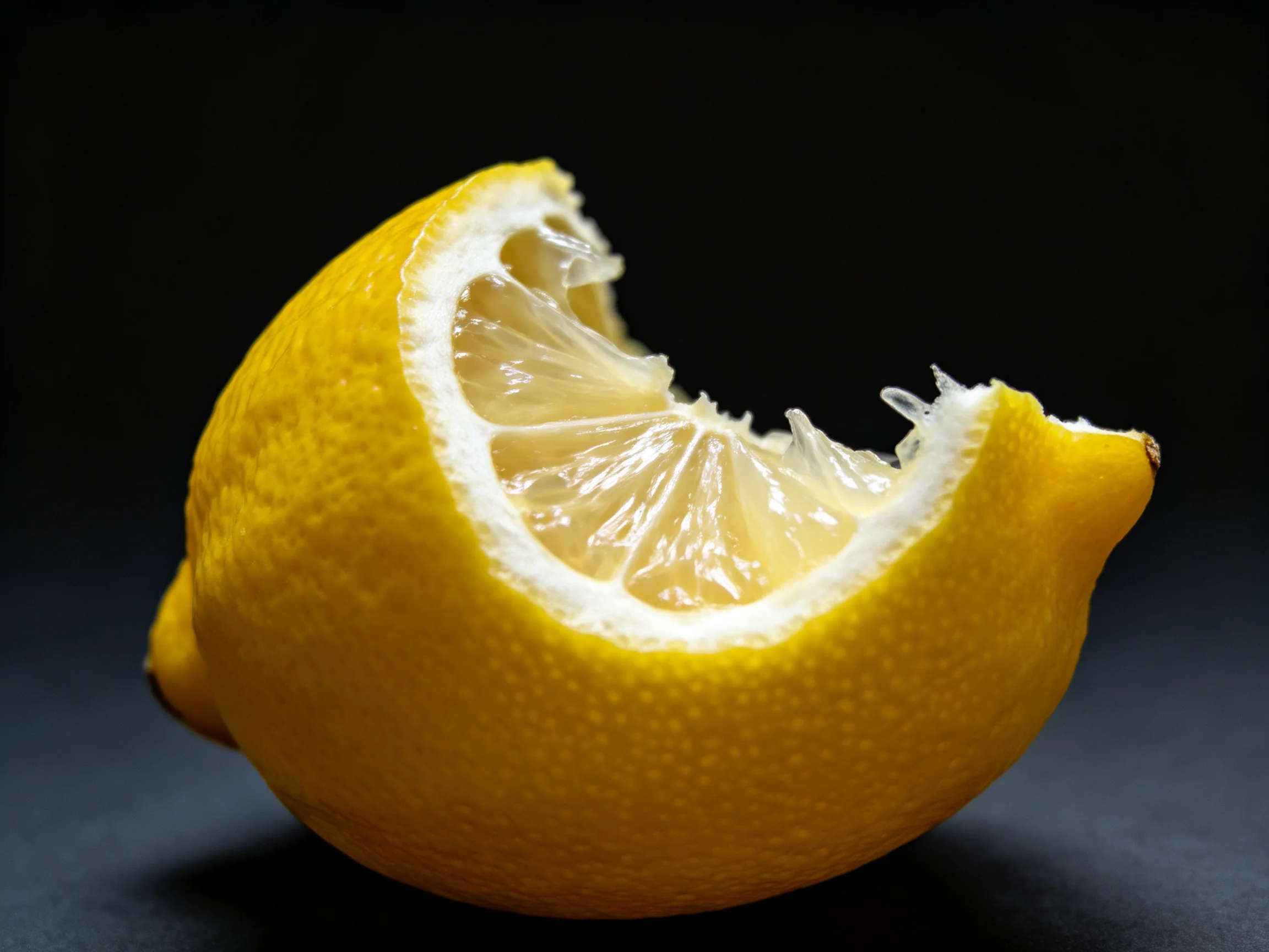 A partially eaten bright yellow lemon slice with visible pulp