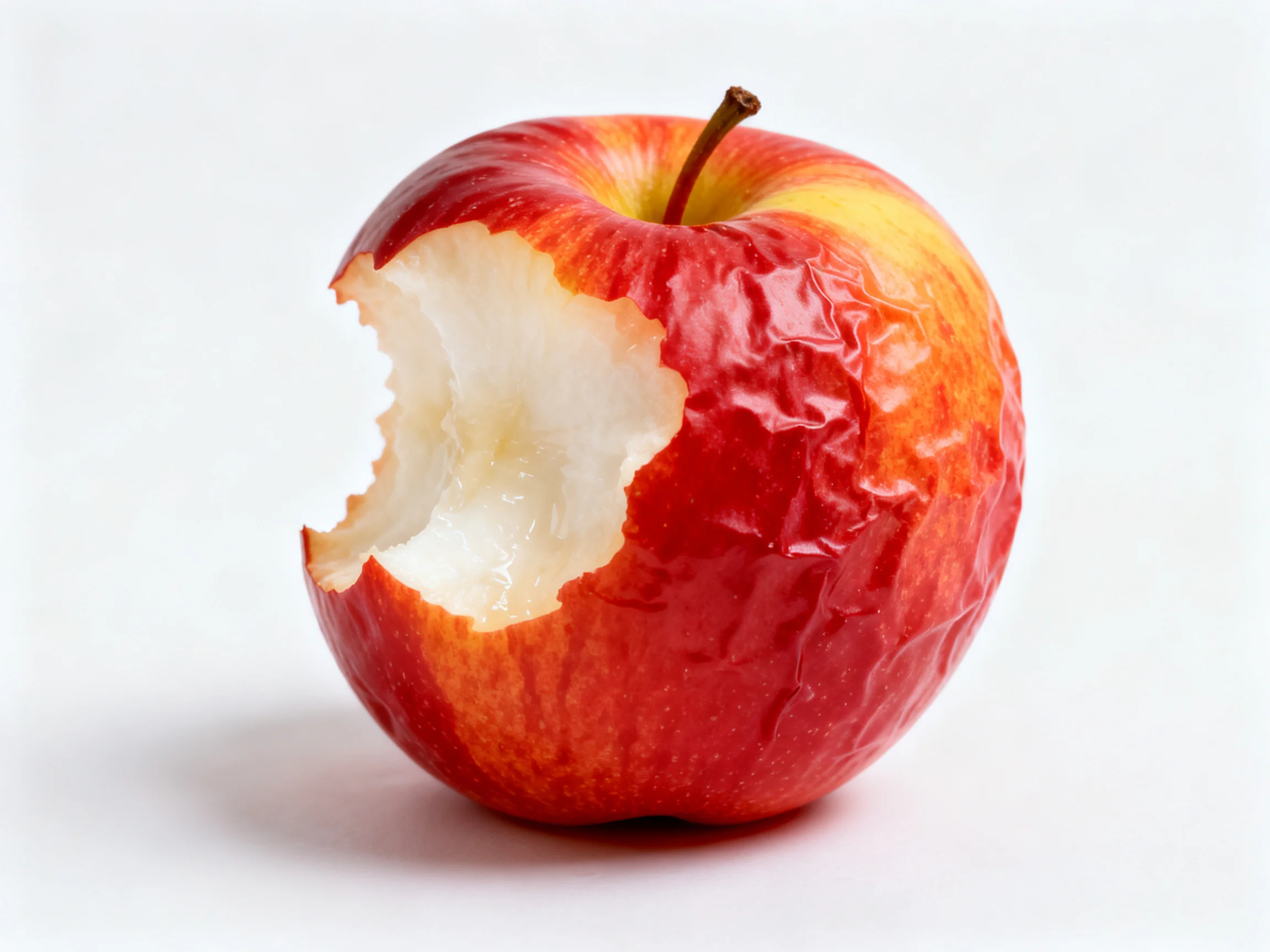 A partially eaten red and yellow apple with wrinkled skin