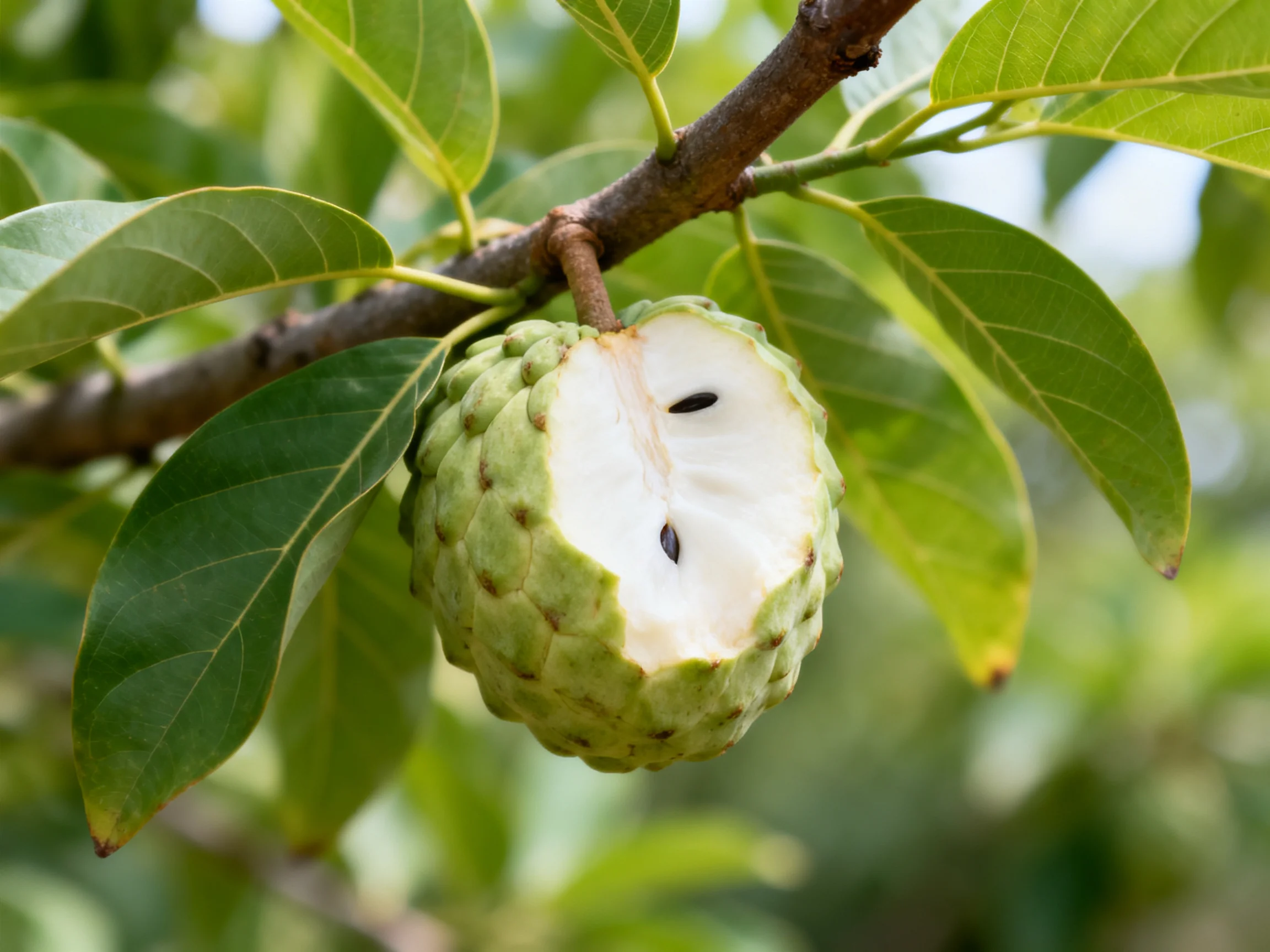 A partially opened green custard apple hangs from a tree branch