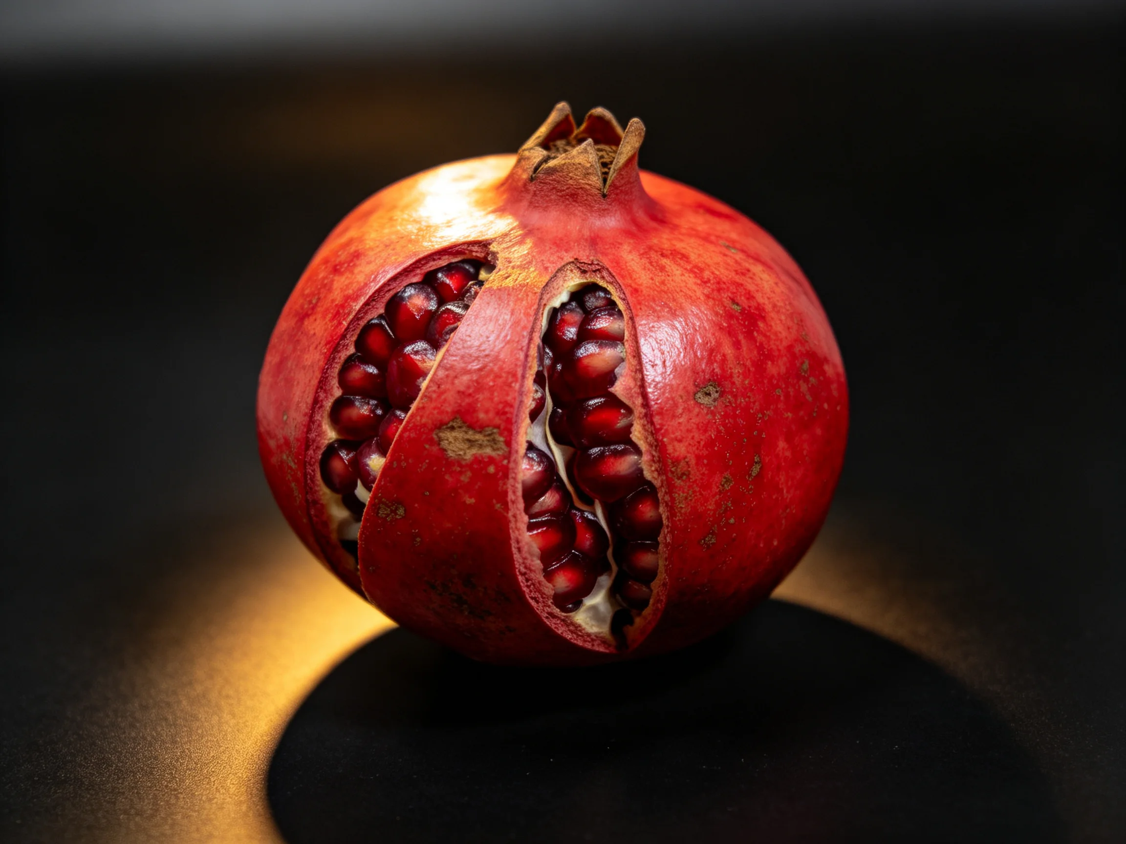 A partially opened vibrant red pomegranate with exposed dark red seeds