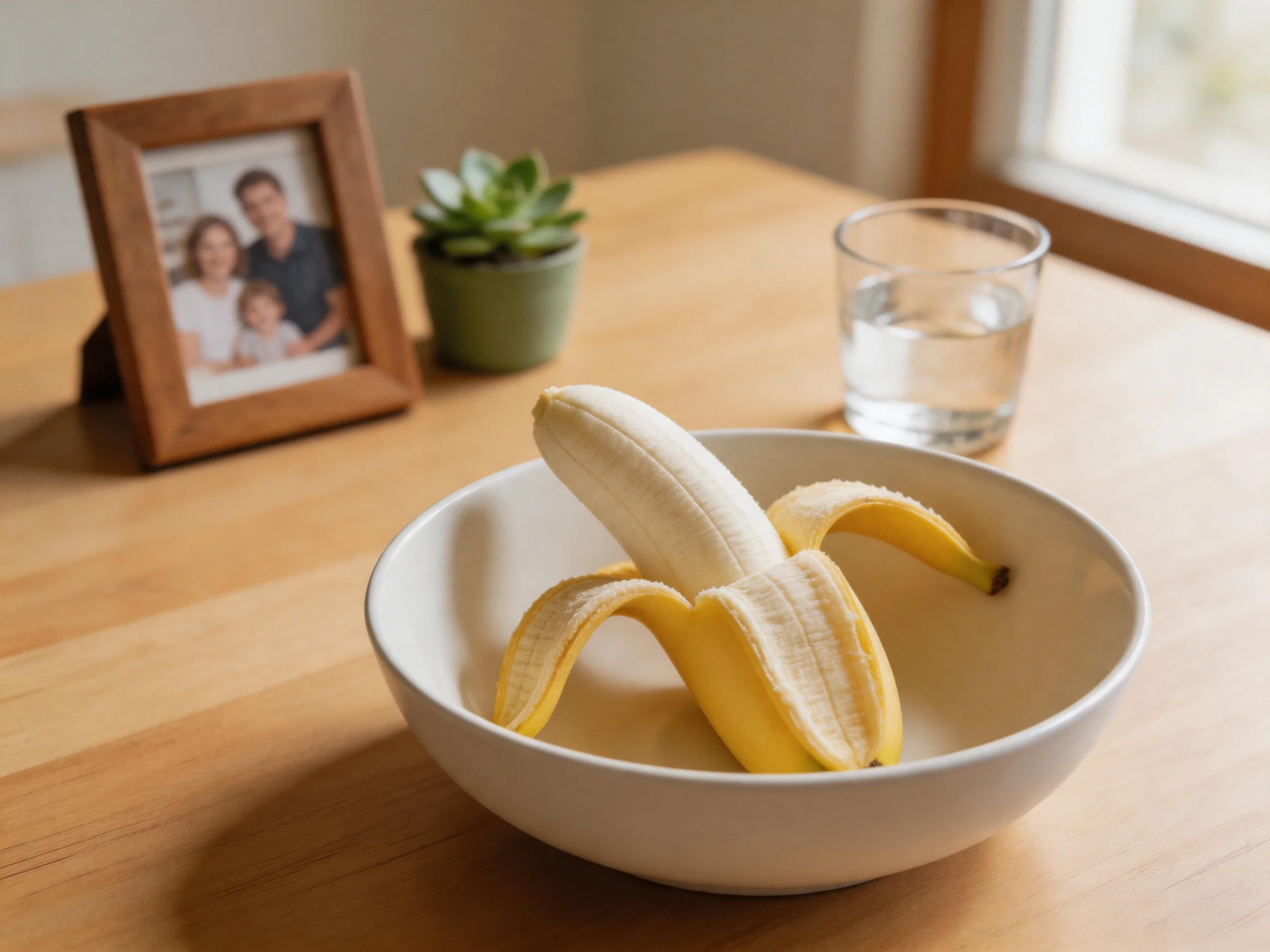 A partially peeled banana in a white bowl near a glass of water and family photo