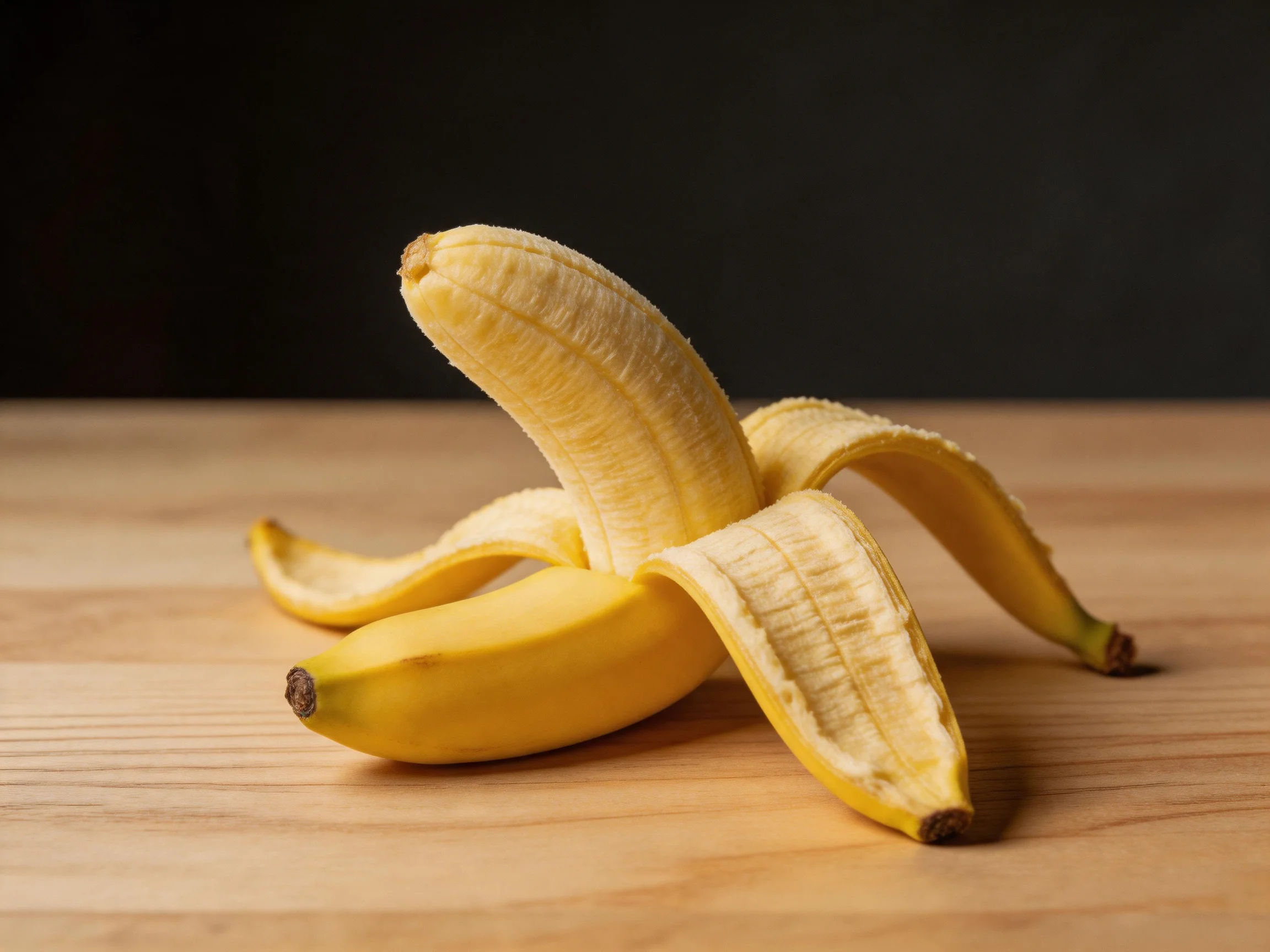 A partially peeled banana with its peel spread on a wooden surface