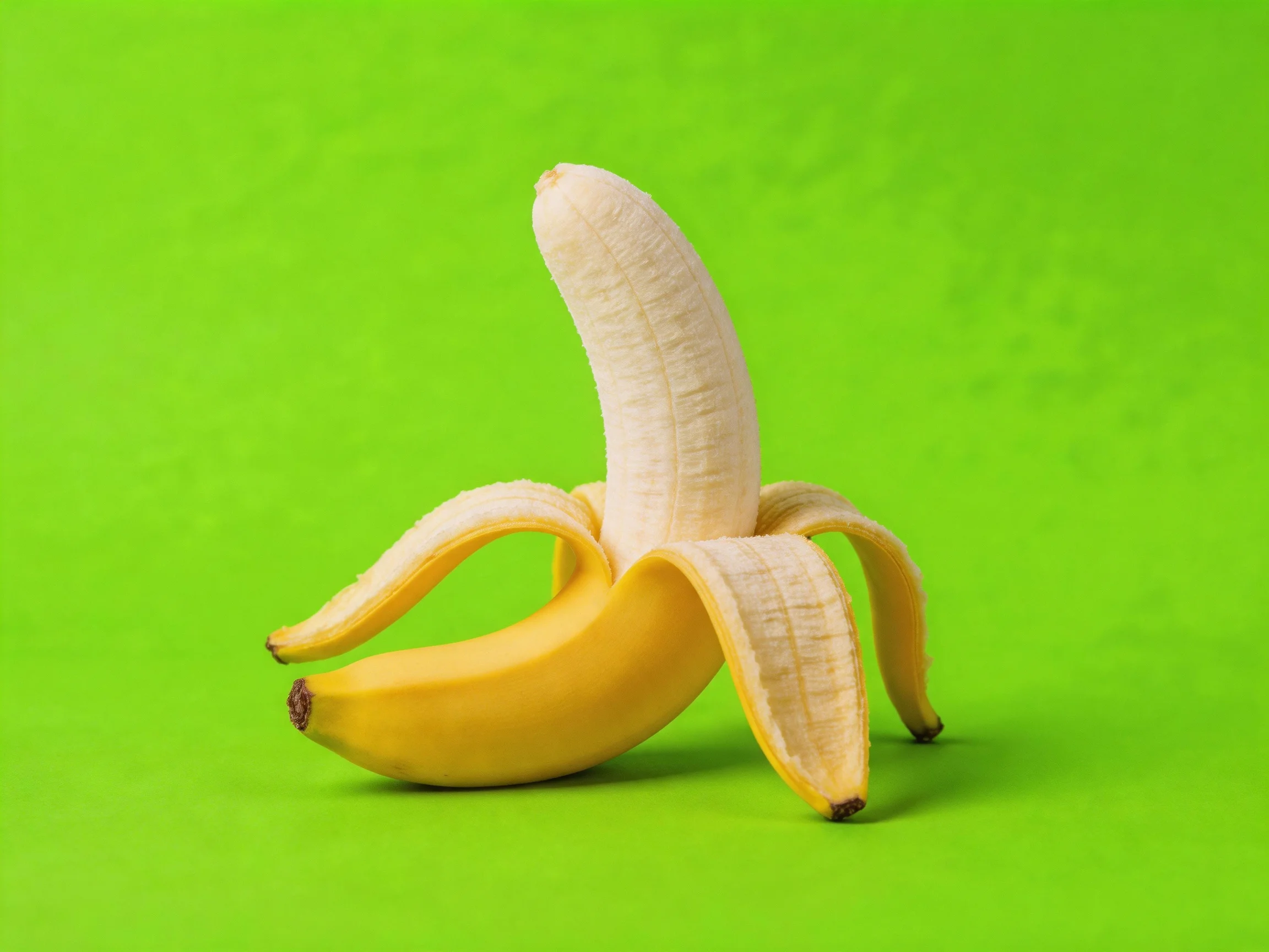 A partially peeled ripe banana set against a vibrant green backdrop