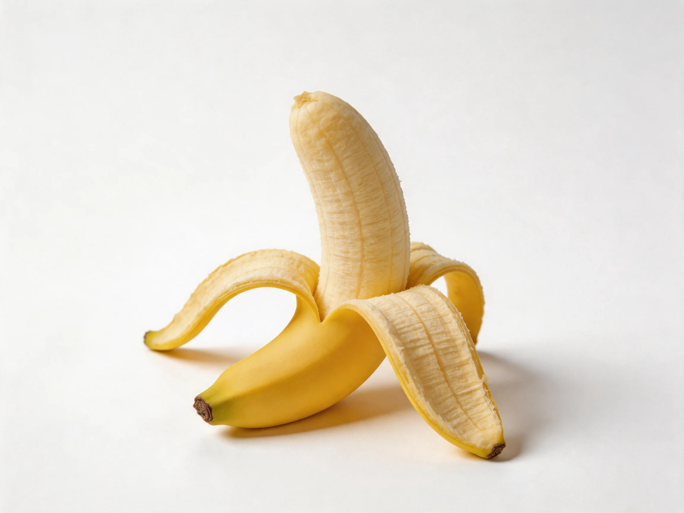 A partially peeled ripe banana with curved peel segments