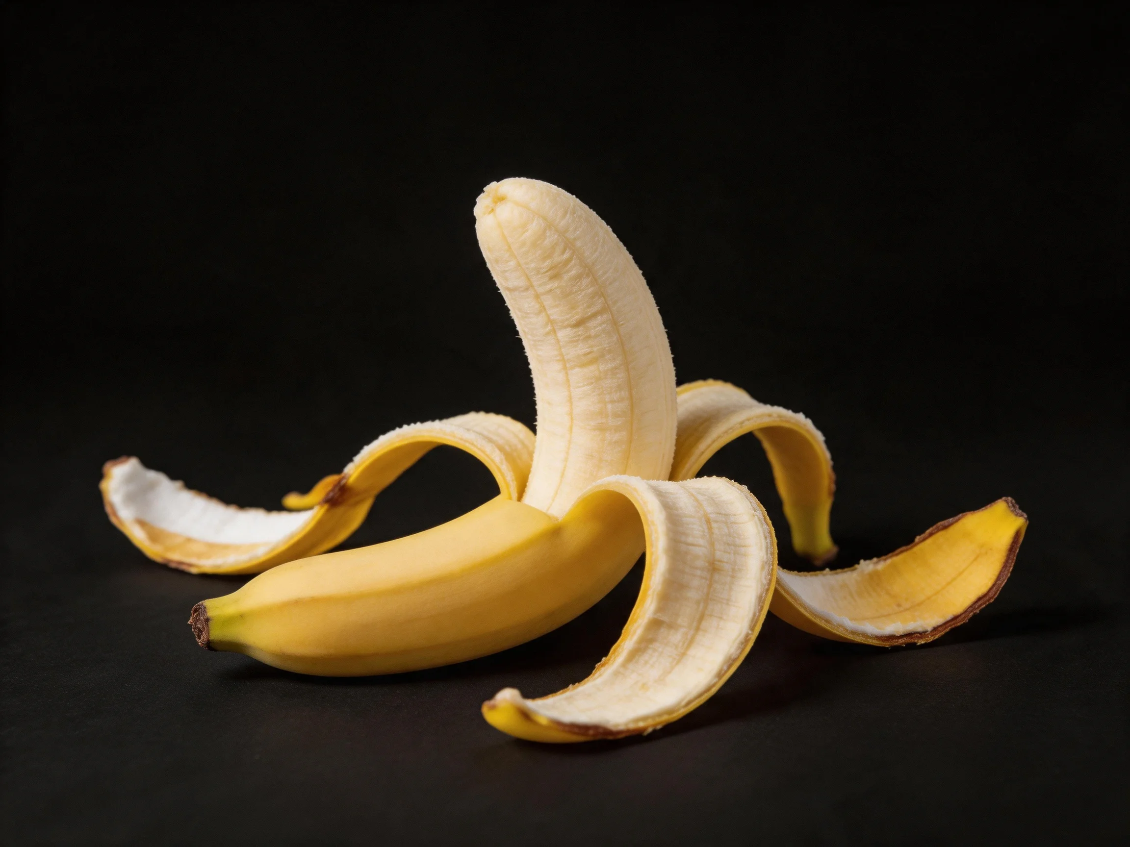 A partially peeled ripe banana with separated peel segments on a dark background