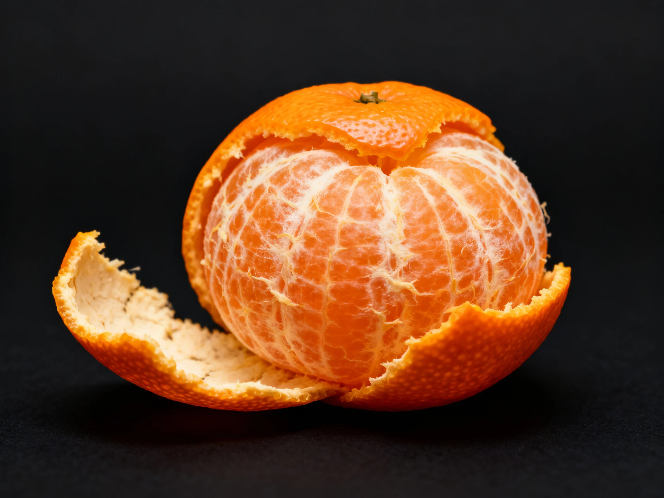 A partially peeled vibrant orange citrus fruit against a dark backdrop