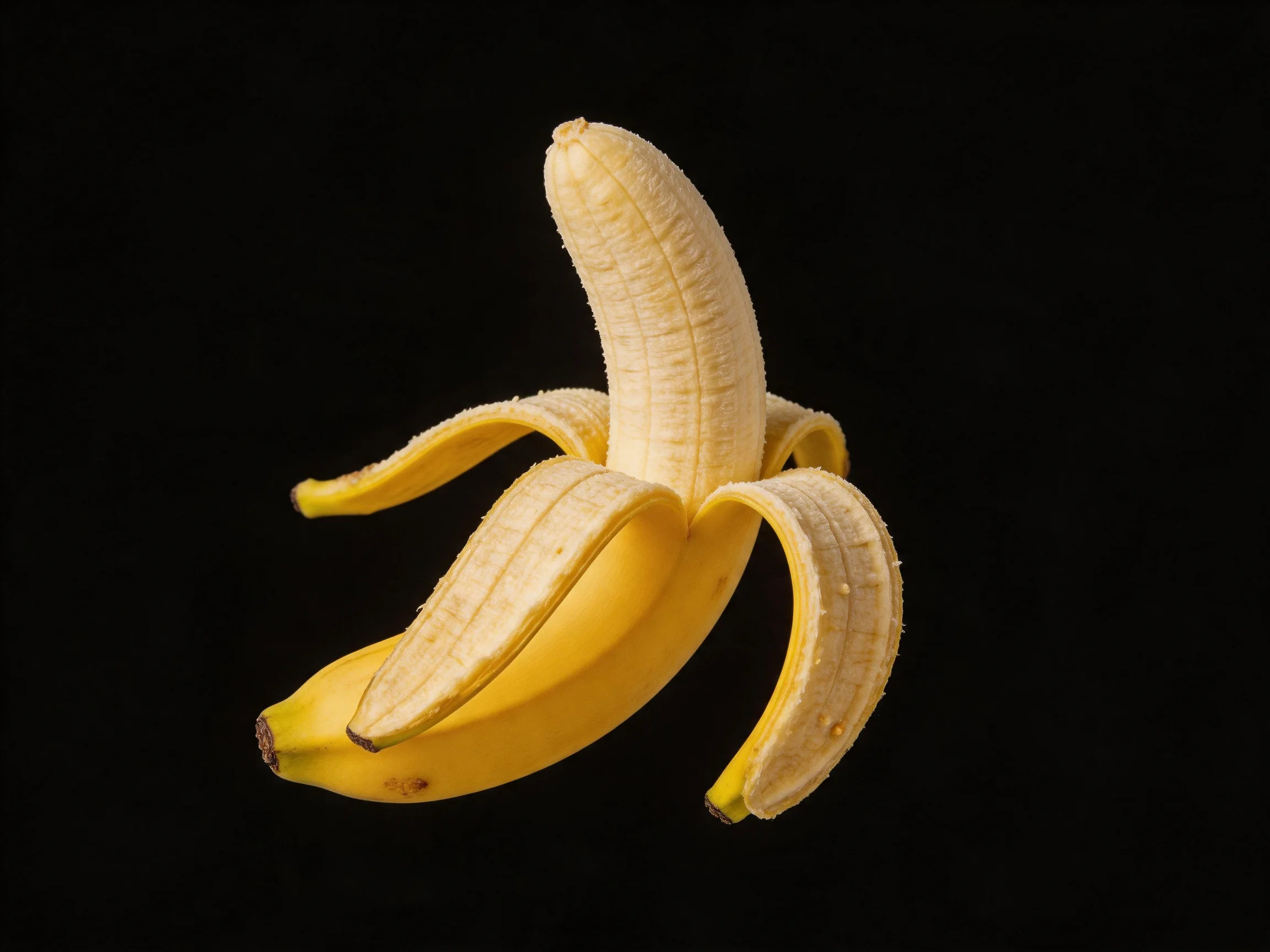 A partially peeled yellow banana against a black background