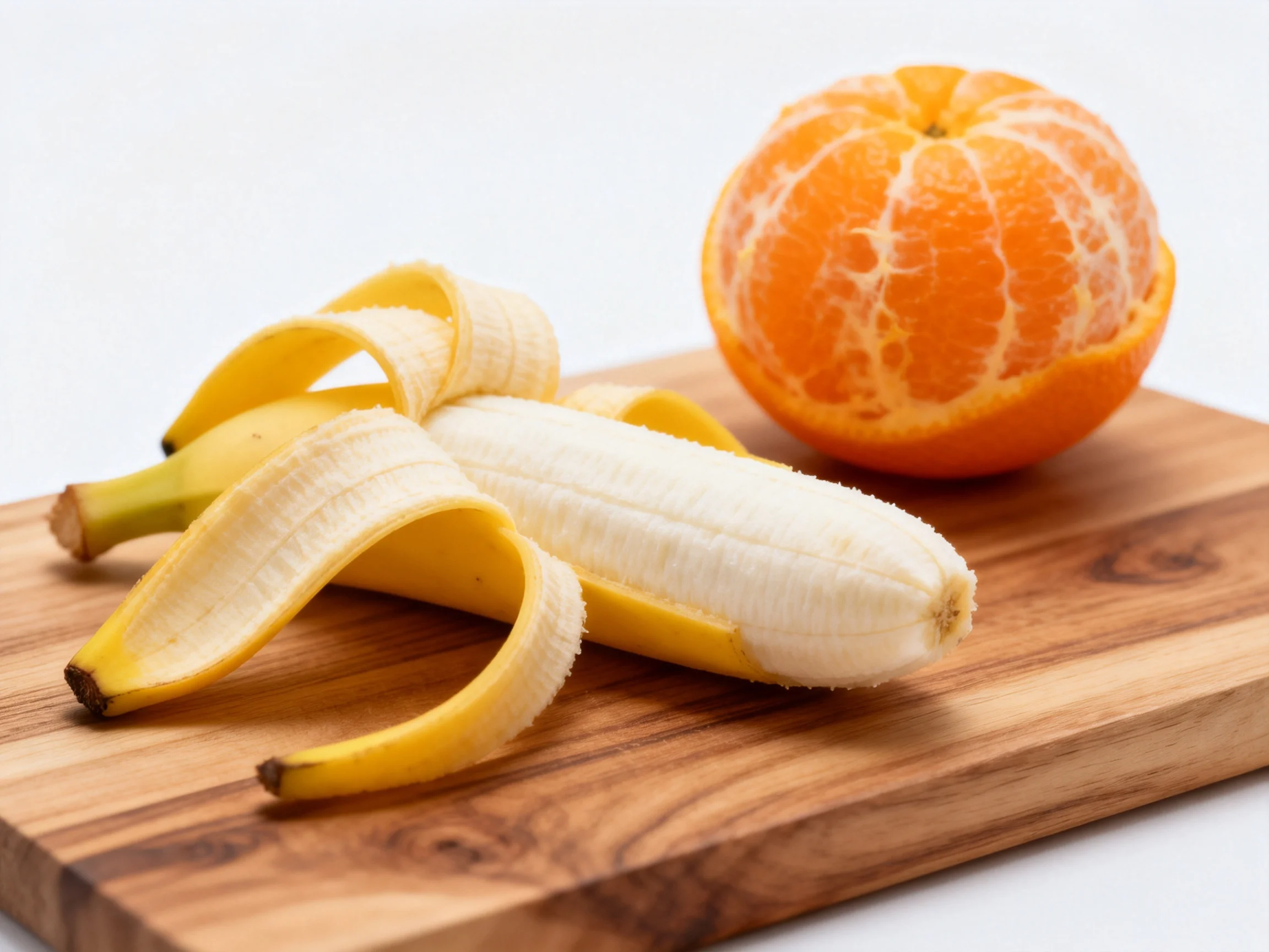 A peeled banana and whole orange displayed on a wooden cutting board