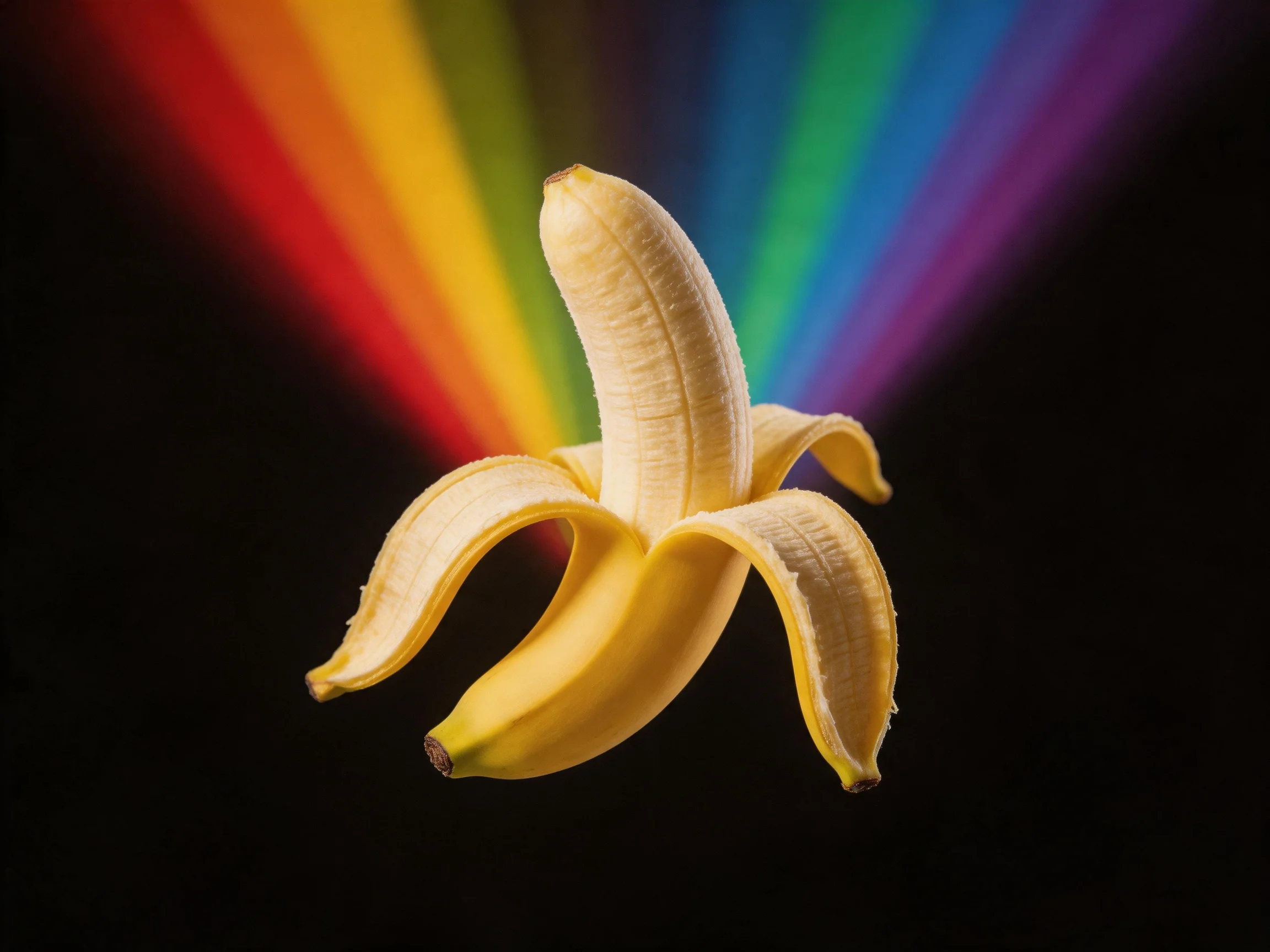 A peeled banana illuminated by vibrant rainbow light beams against a black backdrop