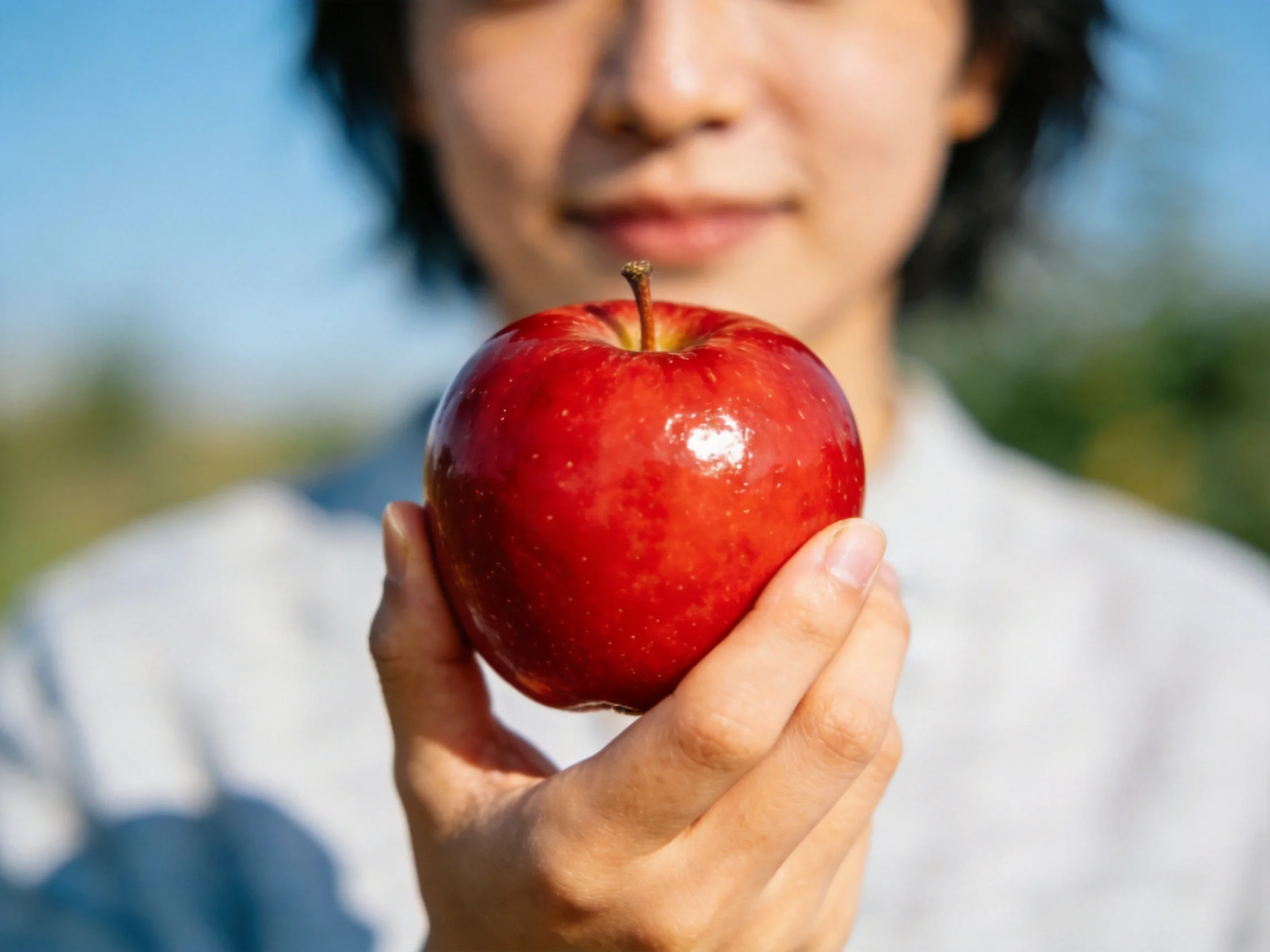A person holds a glossy red apple in a sunny outdoor setting