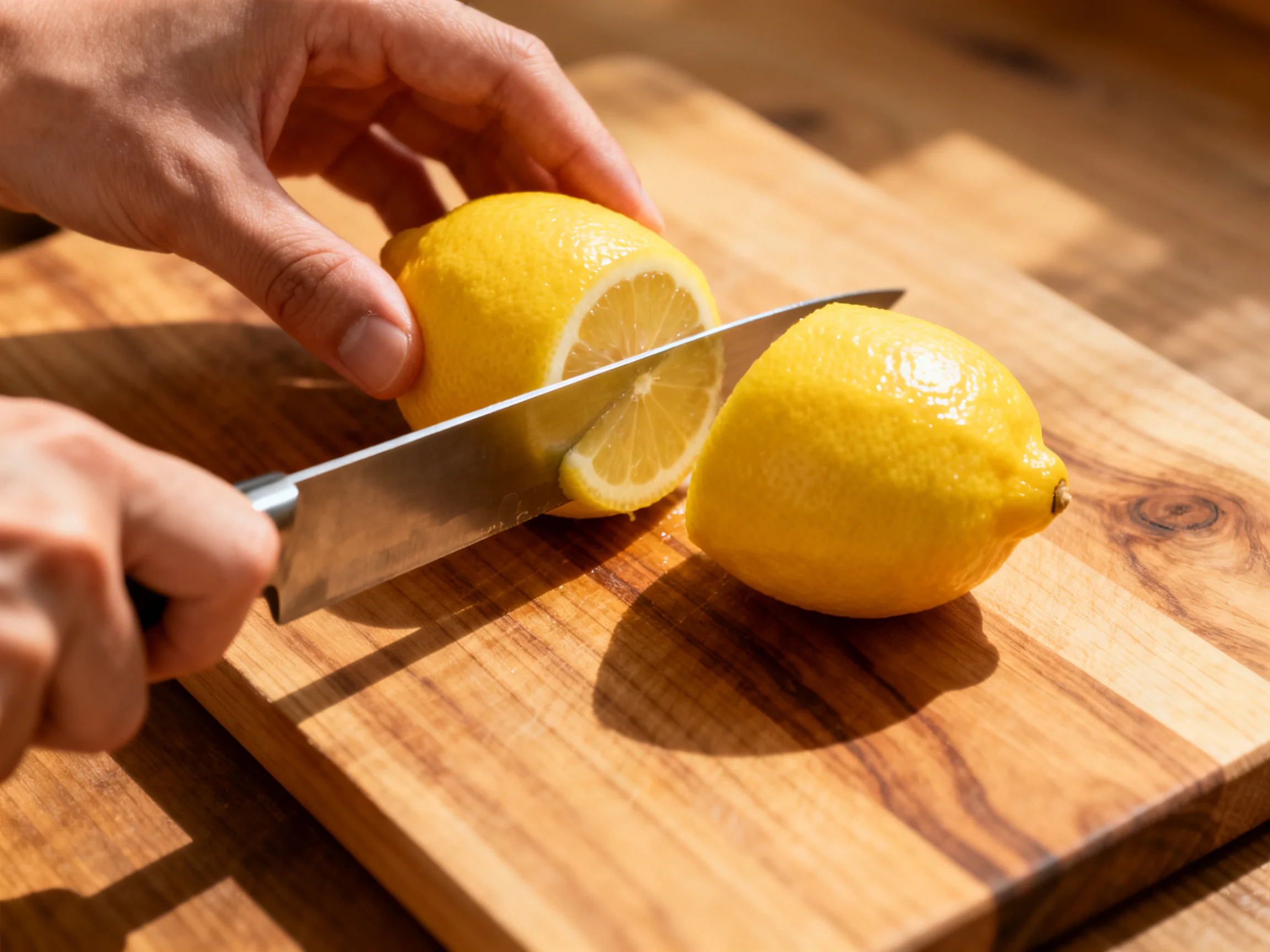 A person slicing bright yellow lemons on a wooden cutting board