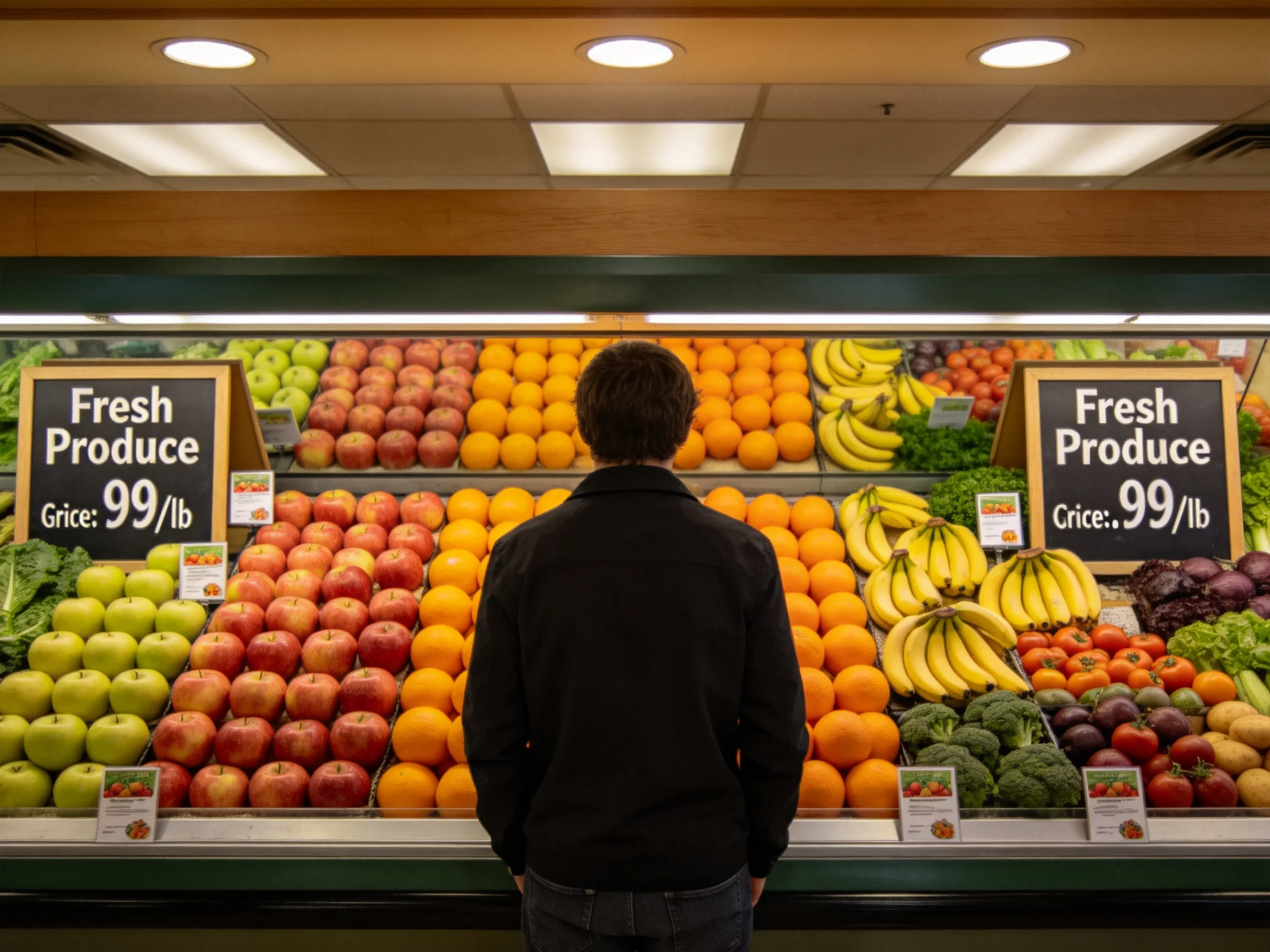 A person stands before a colorful fresh produce display with assorted fruits and veggies