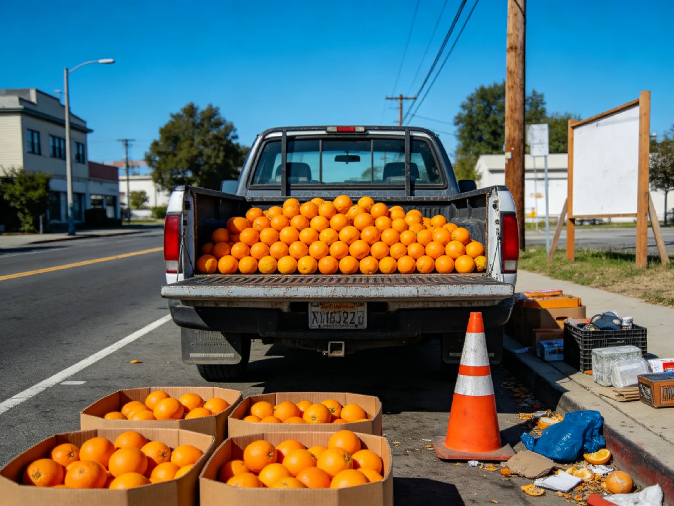 A pickup truck loaded with numerous bright oranges near crates