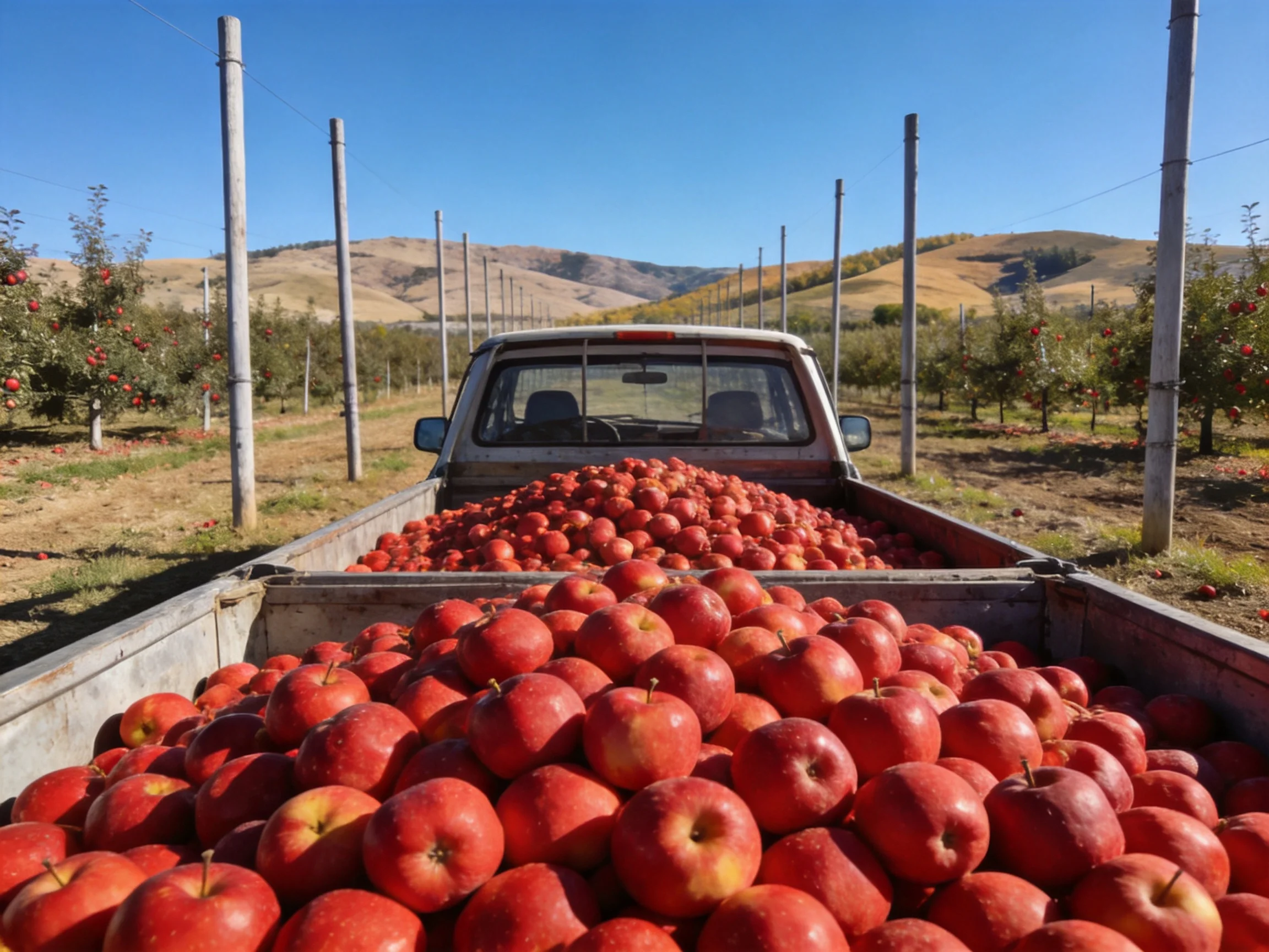 A pickup truck overflowing with red apples in a sunny orchard
