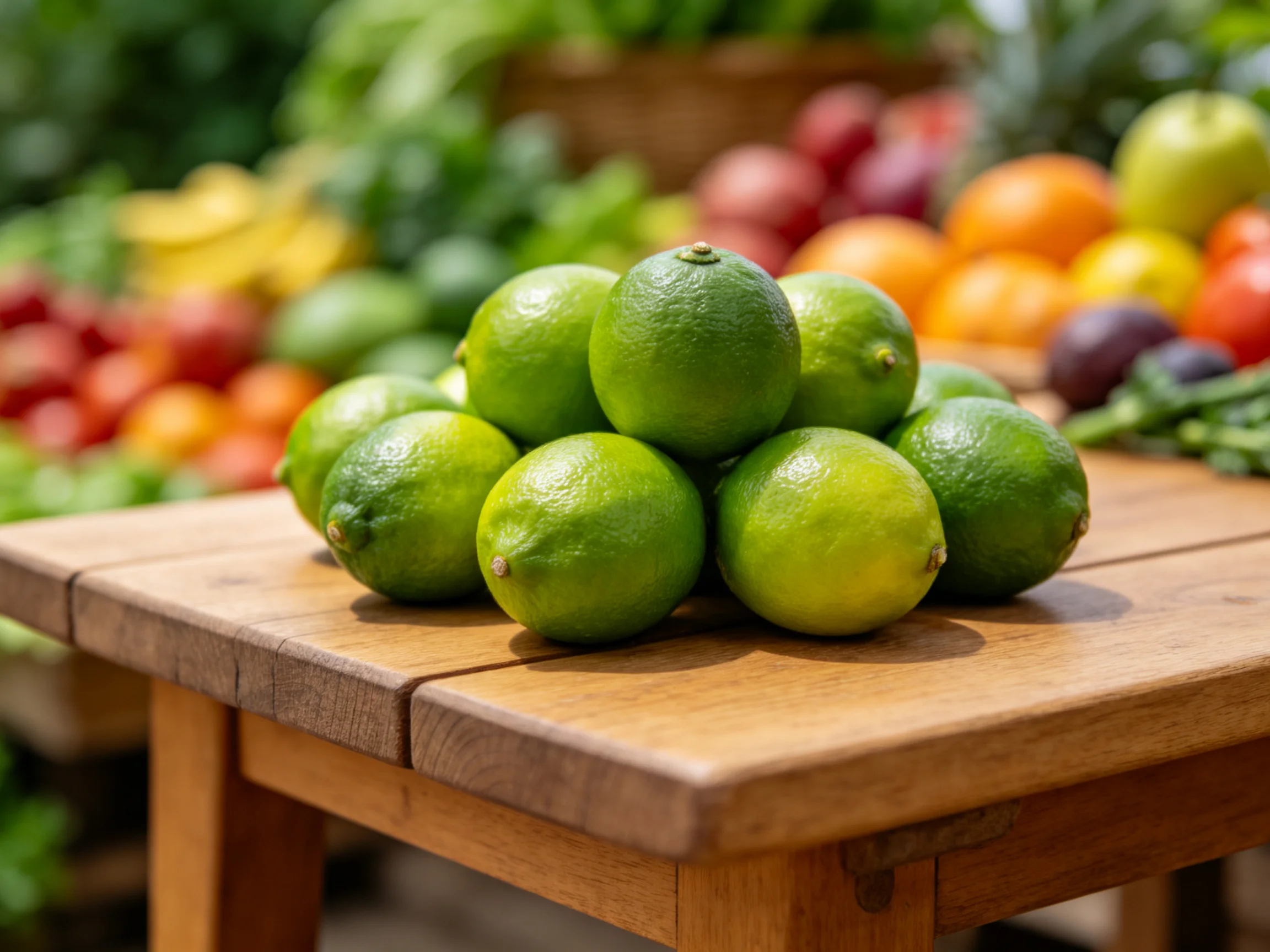 A pile of bright green limes on a wooden table with colorful fruits nearby