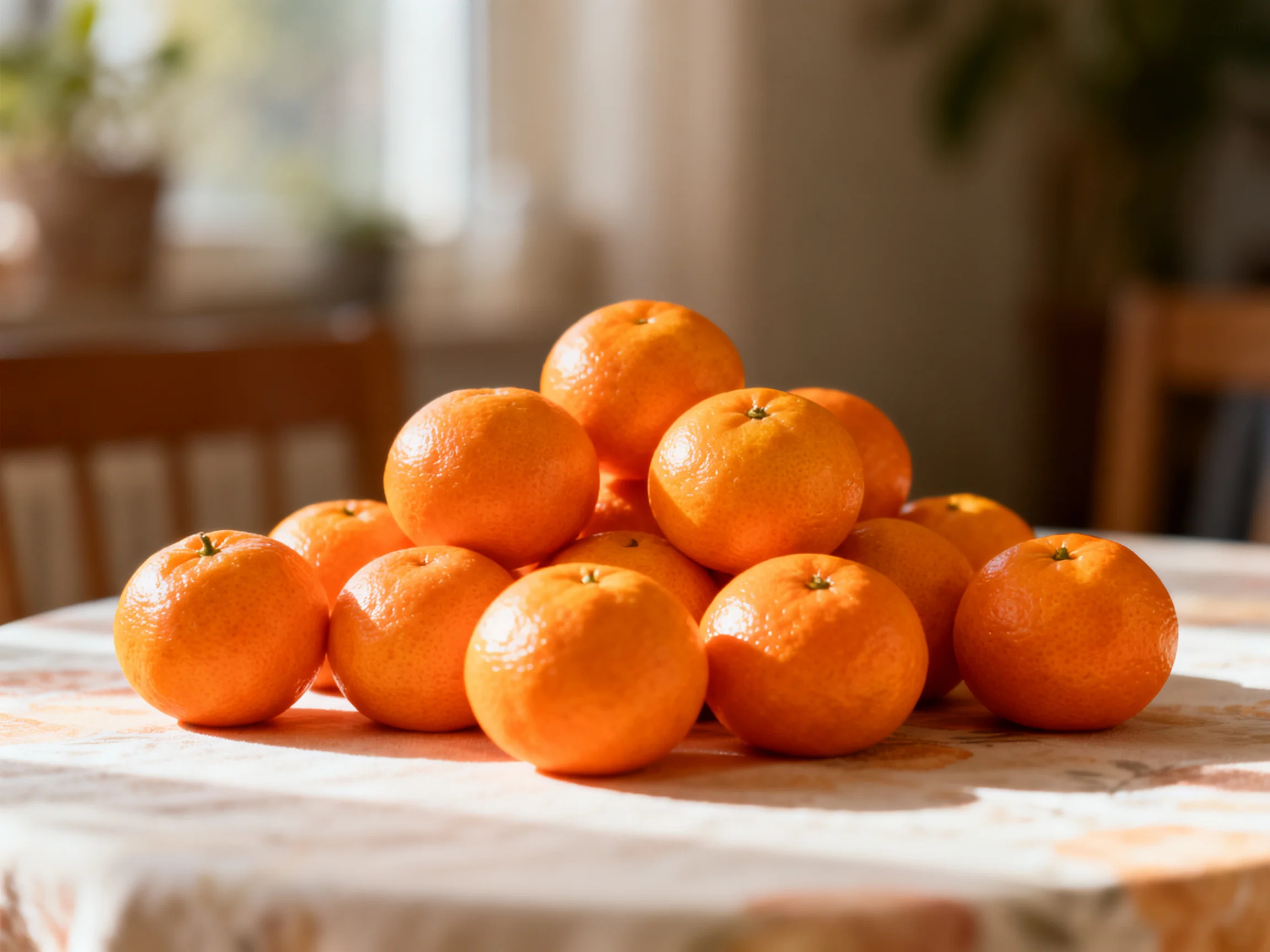 A pile of bright orange mandarins stacked on a floral tablecloth