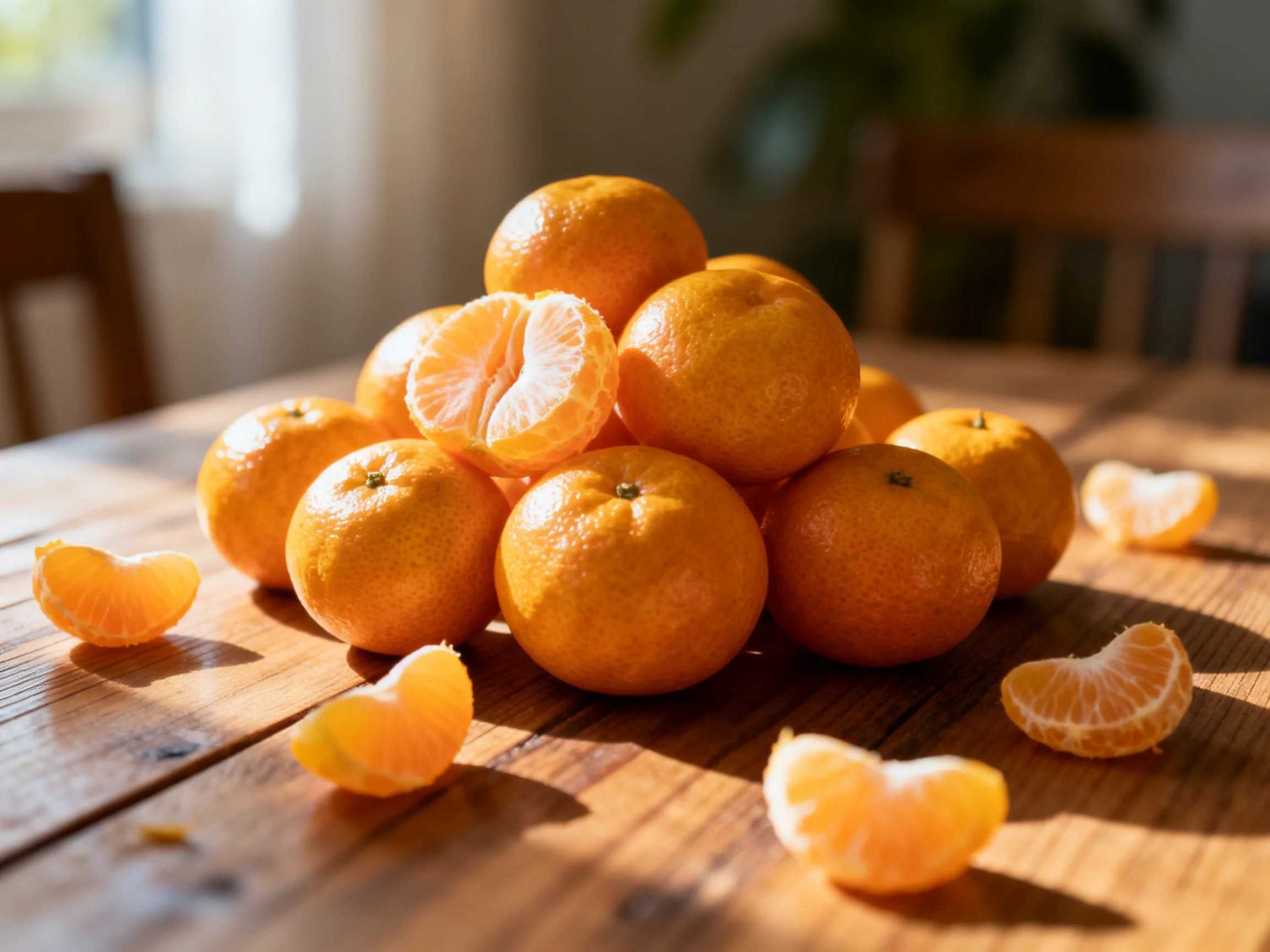 A pile of bright orange tangerines on a wooden table with peeled segments